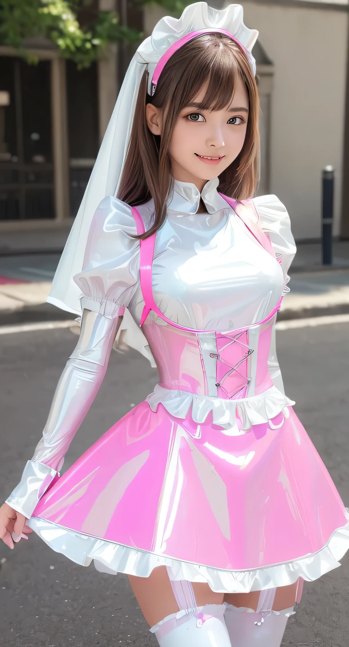 Angelic very beautiful cute young girl,
Beautiful detailed eyes, (5 yo:1.3),(clear-eyed:1.3),
Detailed double eyelids,
(Soft Saturation),
(Fair skin: 1.3),v-line jaw,
(Large eyes:1.4),
Long straight brown hair,
see-through bangs,
Sharp Focus,
beautiful detailed face and eyes,
drooping eyes,
small straight nose,
small mouth,
happy smiling with visible teeth, 85mm lens, F/8.0,BREAK (Super shiny white and metallic neon pink PVC maid costume :1.5),(realistic photograph:1.4),Walking,Brown hair ,(Costumes with strong reflective surfaces:1.3),(lift skirt:1.2),panty,
(Best Quality:1.2),(Maid costume:1.4),
Raw photo,
High resolution,
perfect detail,
Professional Photography,
Professional Lighting,
Powerful lighting of the costume,In the street