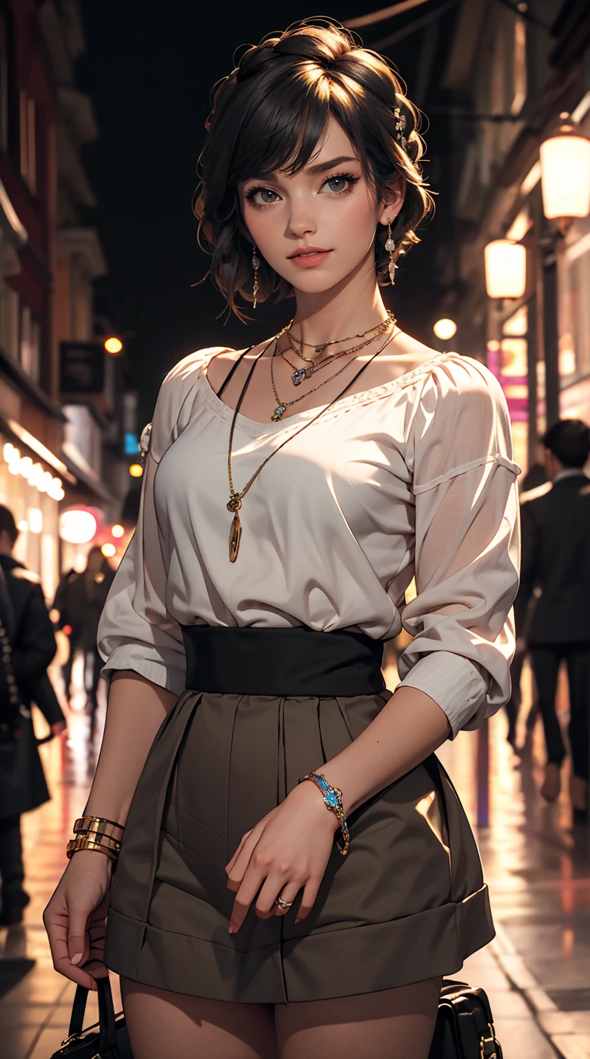 masterpiece,One girl,alone, A light smile, Metal Necklace, White shirt, Modern , accessories, Purple and black two-tone hair color, Unique Hairstyles, stylish, Black background