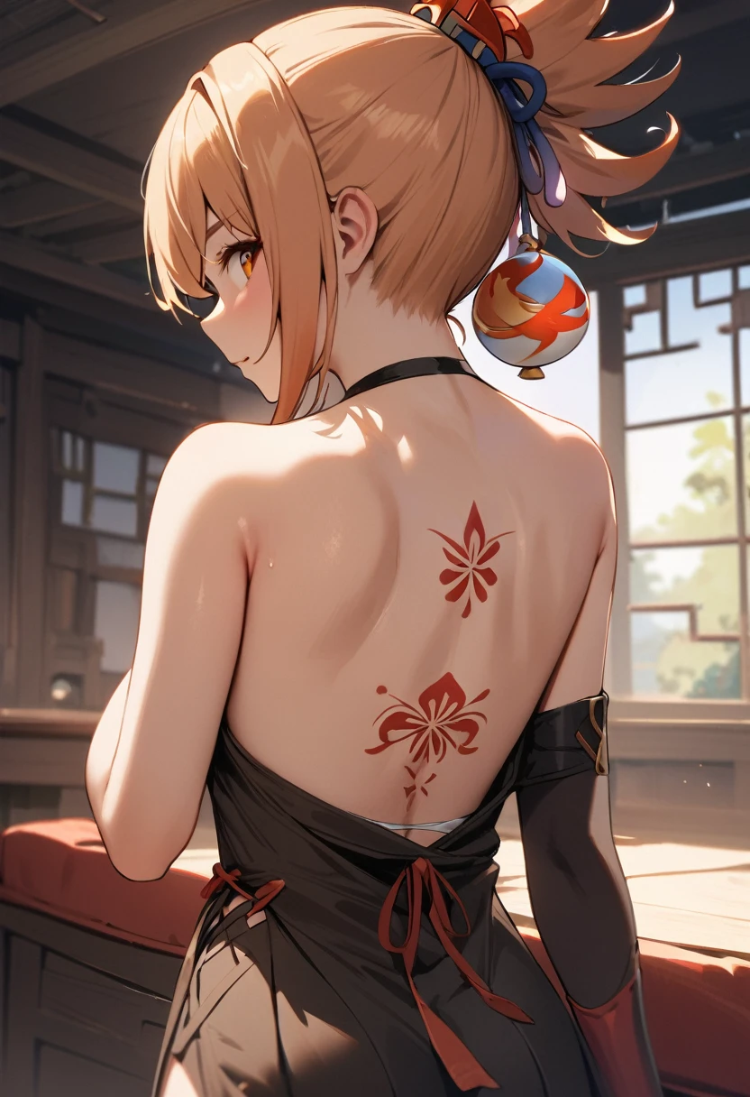 (((Ocher tattoo)))、(((naked)))、(((pubic hair)))、female organ、Beautiful beauty、short brown hair、((whole body))、(((Photo taken from below)))、night sky、The background is a night forest