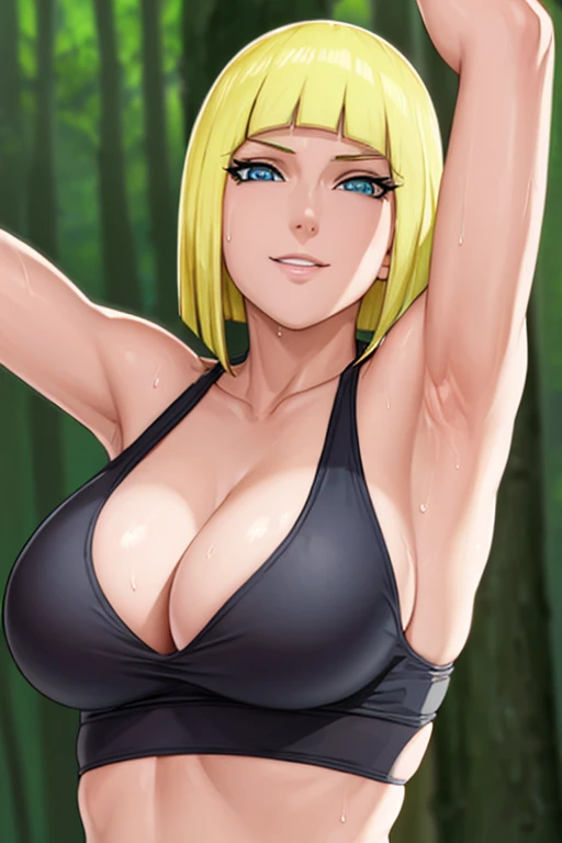 Perfect, masterpiece, (best quality, highres:1.2), 1girl, beautiful detailed eyes, beautiful detailed lips, extremely detailed eyes and face, long eyelashes, medium:oil painting, vivid colors, HDR, studio lighting, ultra-fine painting, sharp focus, physically-based rendering, extreme detail description, portraits, ((organized fingers)), curvy body, large breasts, perfect shape, facing viewer, sweaty, gorgeous, ((arms up)), sleeveless, straddling, smile, blonder hair, blue eyes, cleavage, armpits visible, sweaty armpits, middle forest