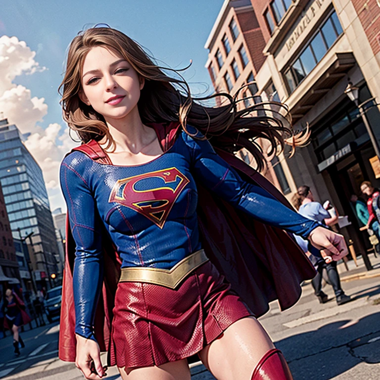 ((best quality)), ((highly detailed)), masterpiece, absurdres, (detailed eyes, deep eyes), (1girl), dutch_angle, upper body, Supergirl, brown hair, long hair, blue eyes, medium breasts, smiling, red skirt, red cape, red boots, blue bodysuit, long sleeves, skindentation, buildings, sky, clouds, sun light