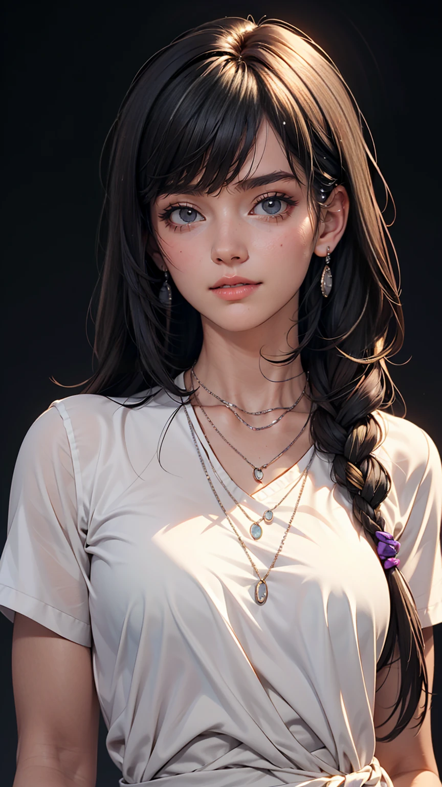 masterpiece,One girl,alone, A light smile, Metal Necklace, White shirt, Modern , accessories, Purple and black two-tone hair color, Unique Hairstyles, stylish, Black background