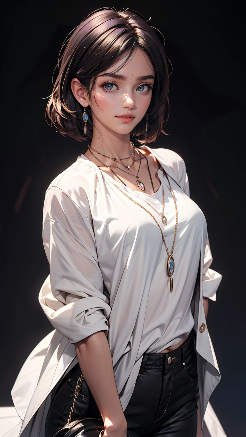 masterpiece,One girl,alone, A light smile, Metal Necklace, White shirt, Modern , accessories, Purple and black two-tone hair color, Unique Hairstyles, stylish, Black background