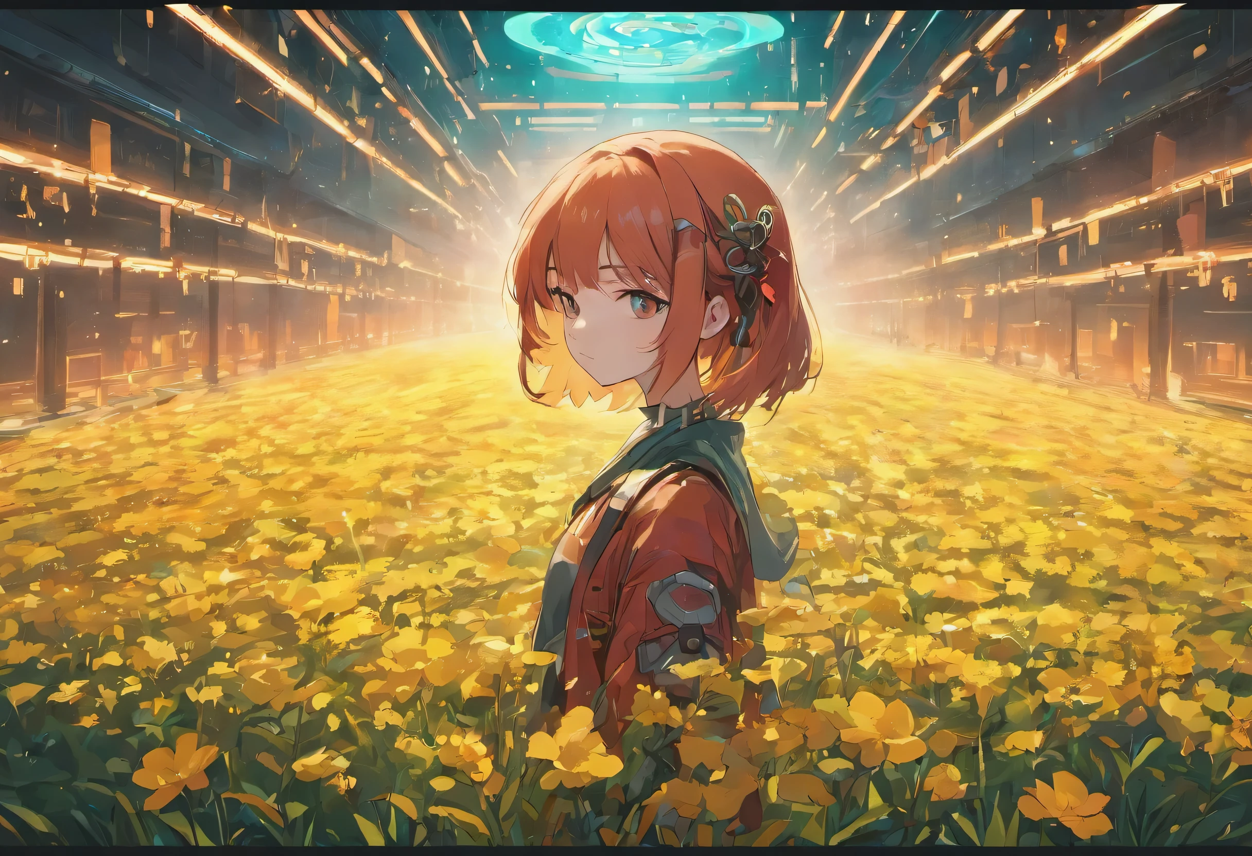 A beautiful girl in a cyberpunk world, 16 years old, grows flowers in an empty field. Exquisite illustration. Beautiful world.