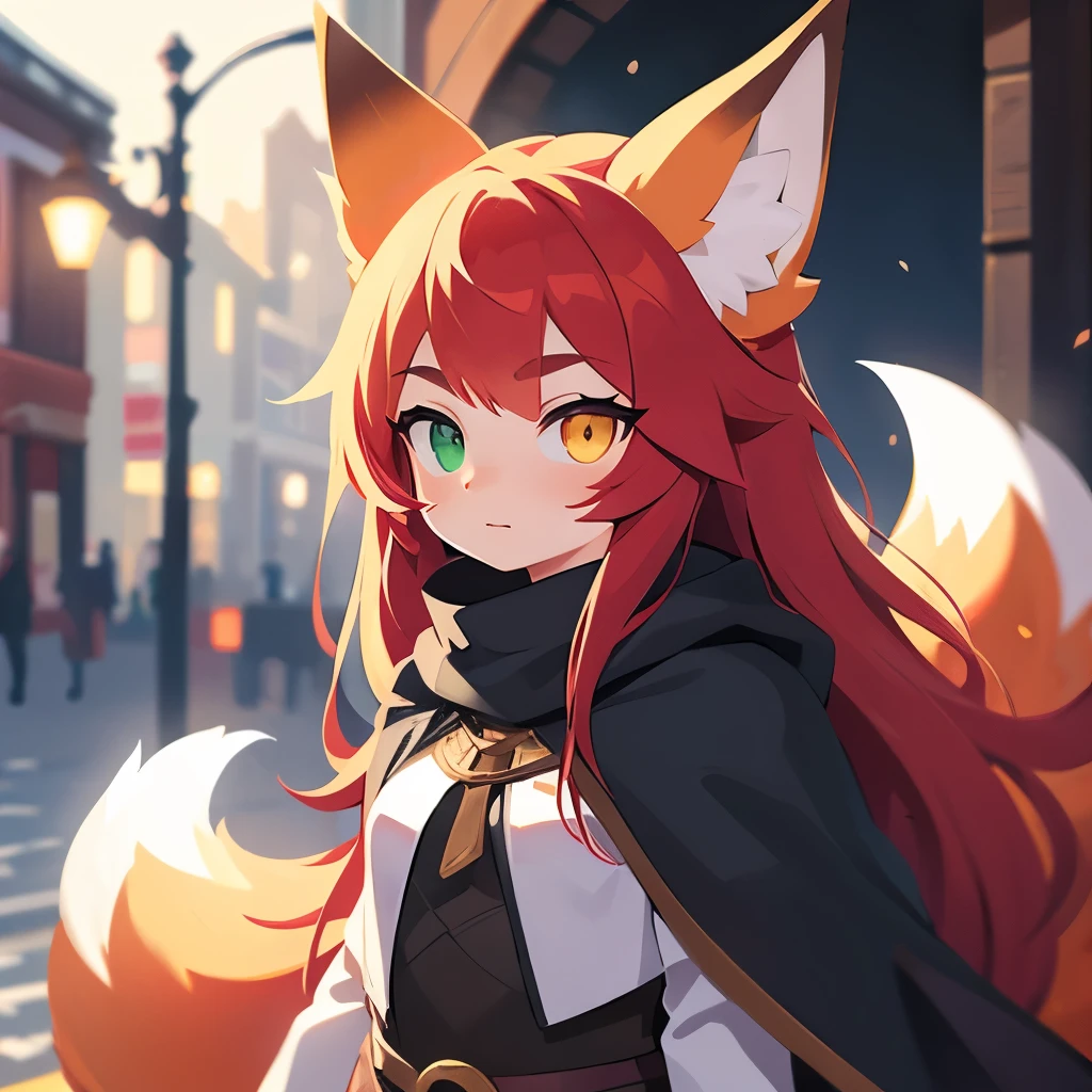 Girl, red hair, long hair, gray cape, heterochromia, green eye, yellow eye, photorealistic, detailed, fox ears, fox tail