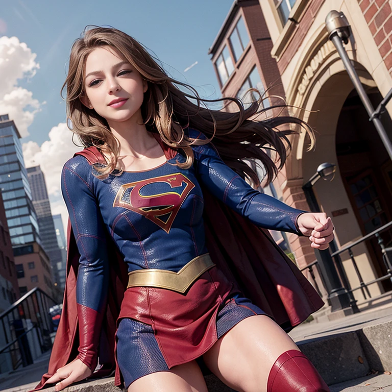 ((best quality)), ((highly detailed)), masterpiece, absurdres, (detailed eyes, deep eyes), (1girl), dutch_angle, upper body, Supergirl, brown hair, long hair, blue eyes, medium breasts, smiling, red skirt, red cape, red boots, blue bodysuit, long sleeves, skindentation, buildings, sky, clouds, sun light