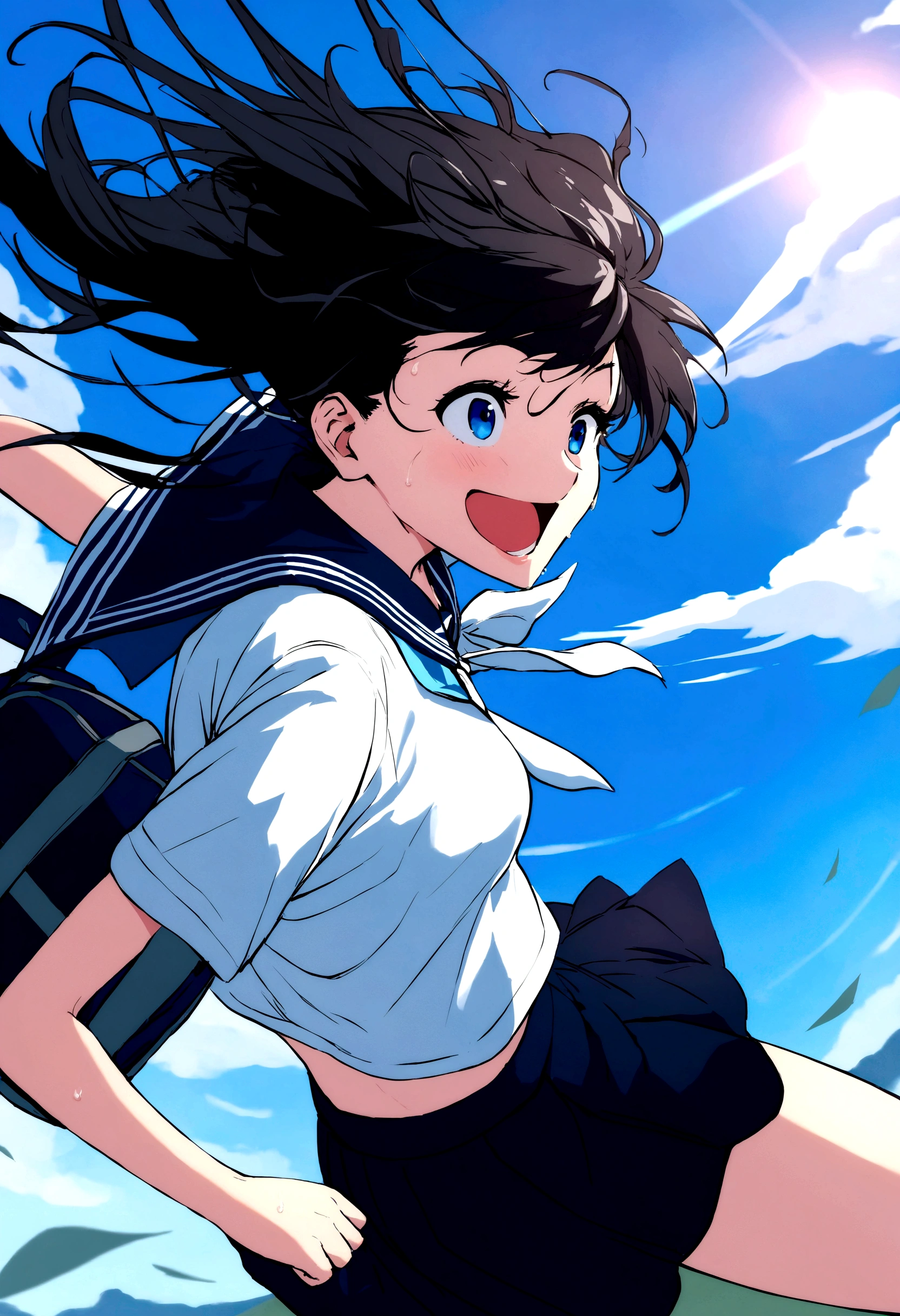 Vast blue sky,Very detailed, delicate and dynamic,A big smile,Super quality, 16k,Student bag,Black Hair,A high school girl runs through the blue sky,白いcloud,running,Sailor suit,uniform,youth,,Blue sky,cloud, Wind-effect, background,Sideways dash,Sweat,Sideways dash,
