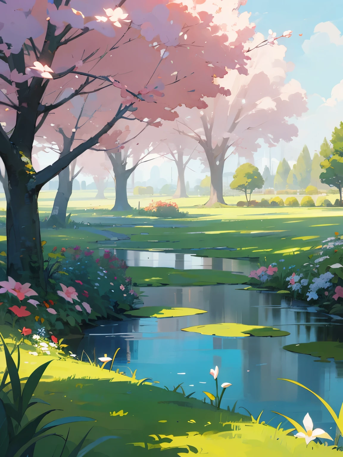 garden，green trees，lakeside，green grass，spring，masterpiece, best quality，illustration style，bright colors，Perfect picture quality，