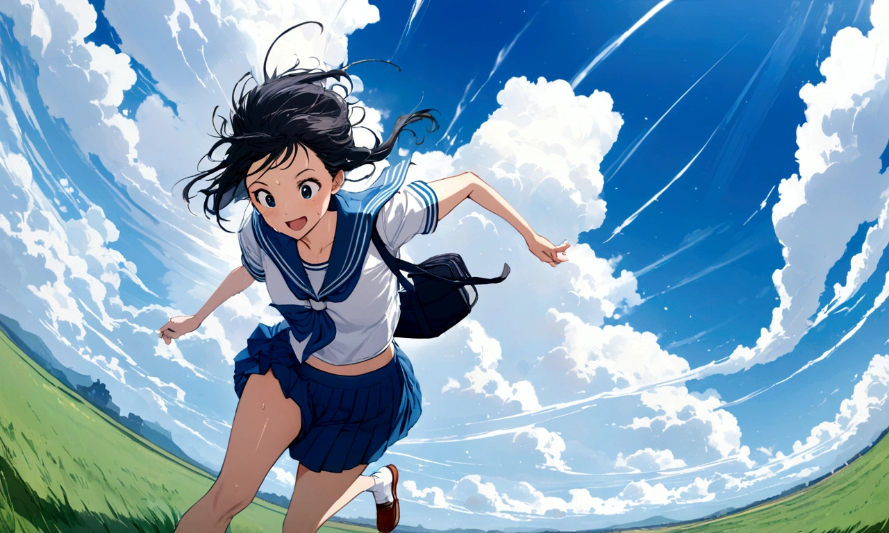 Vast blue sky,Very detailed, delicate and dynamic,A big smile,Super quality, 16k,Student bag,Black Hair,A high school girl runs through the blue sky,白いcloud,running,Sailor suit,uniform,youth,,Blue sky,cloud, Wind-effect, background,Sideways dash,Sweat,Sideways dash,sense of achievement,Jump