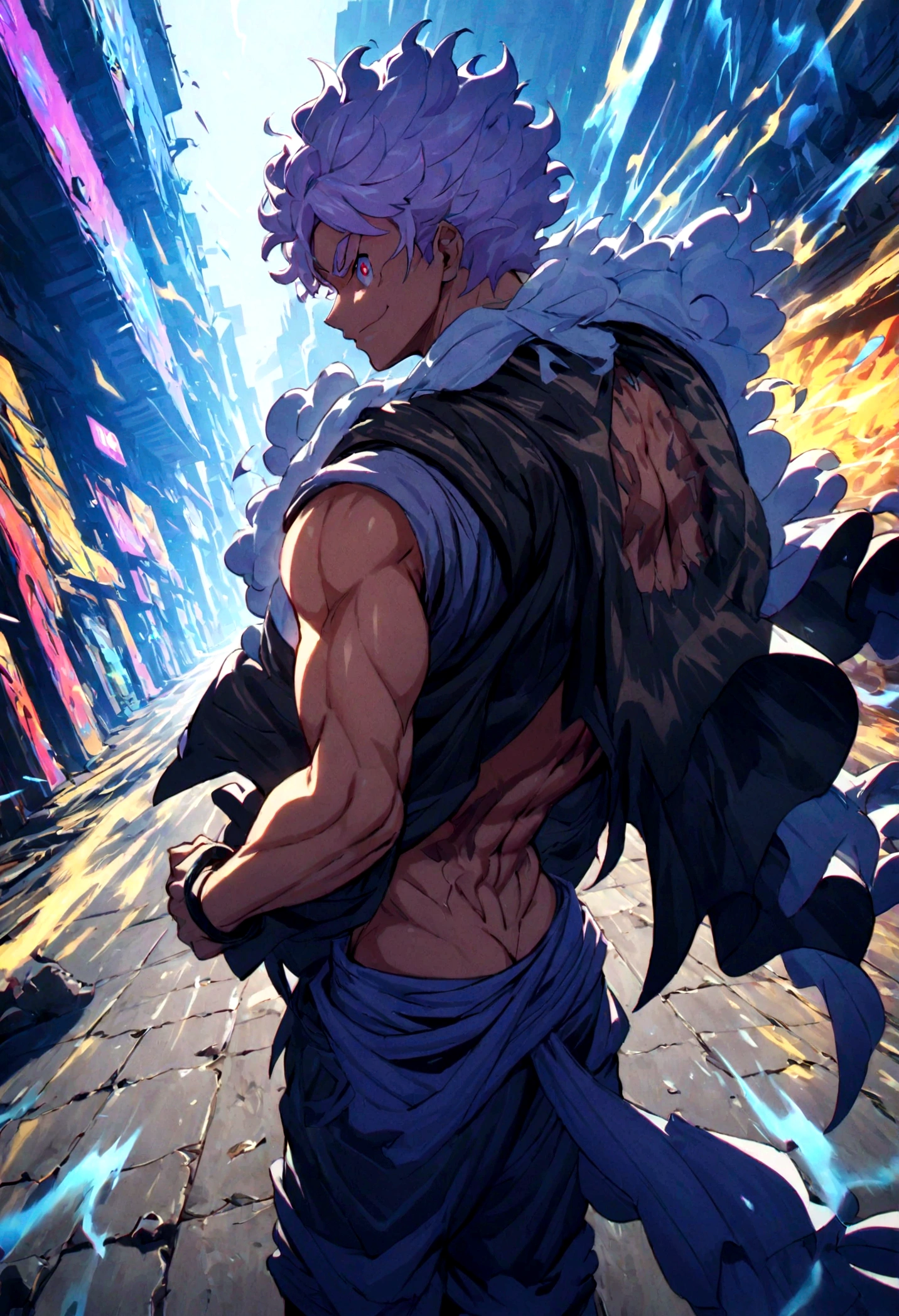 Strong muscular boy,Tattoo of the feather on the back, Street style, High resolution details, urban atmosphere, Vibrant colors, Dramatic Lighting