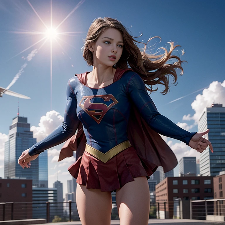 solo, 1girl, m3l1ss, supergirl, brown hair, s0p3r6m3l1s4-smf, blue eyes, blue bodysuit, long sleeves, red cape, realistic, bodysuit, animification, skirt, flying, buildings, sky, clouds, sun light