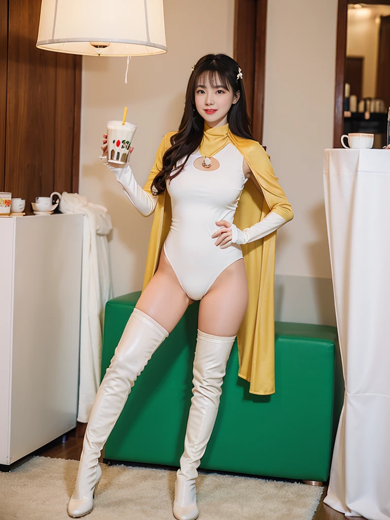 Wearing a sexy milk tea-colored tights, hanging a milk tea-colored cape, putting on milk tea-colored long gloves on both hands, and putting on milk tea-colored over-the-knee boots on both feet, the original super heroine Milk Tea Mother stands and shows a full-body photo of GG with super power, ejecting pearl effects