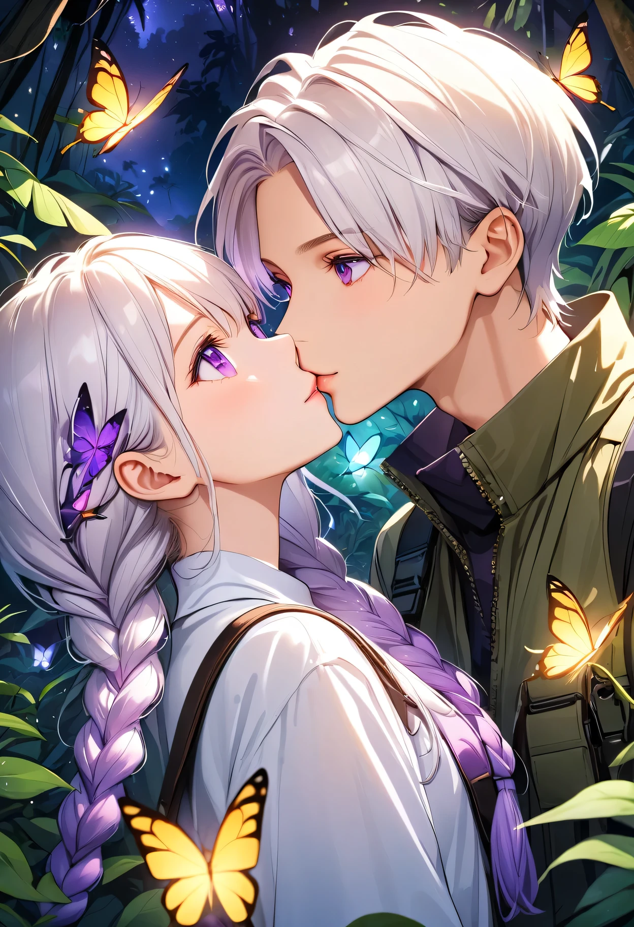 Vector illustration，A young couple，Look at each other affectionately，kiss，portrait，Explorer， Detection，Purple Eyes，girl，Purple Eyes，White hair-purple-long braids。 jungle，vegetation，lush，Photograph，night，firefly，Glowing Butterfly