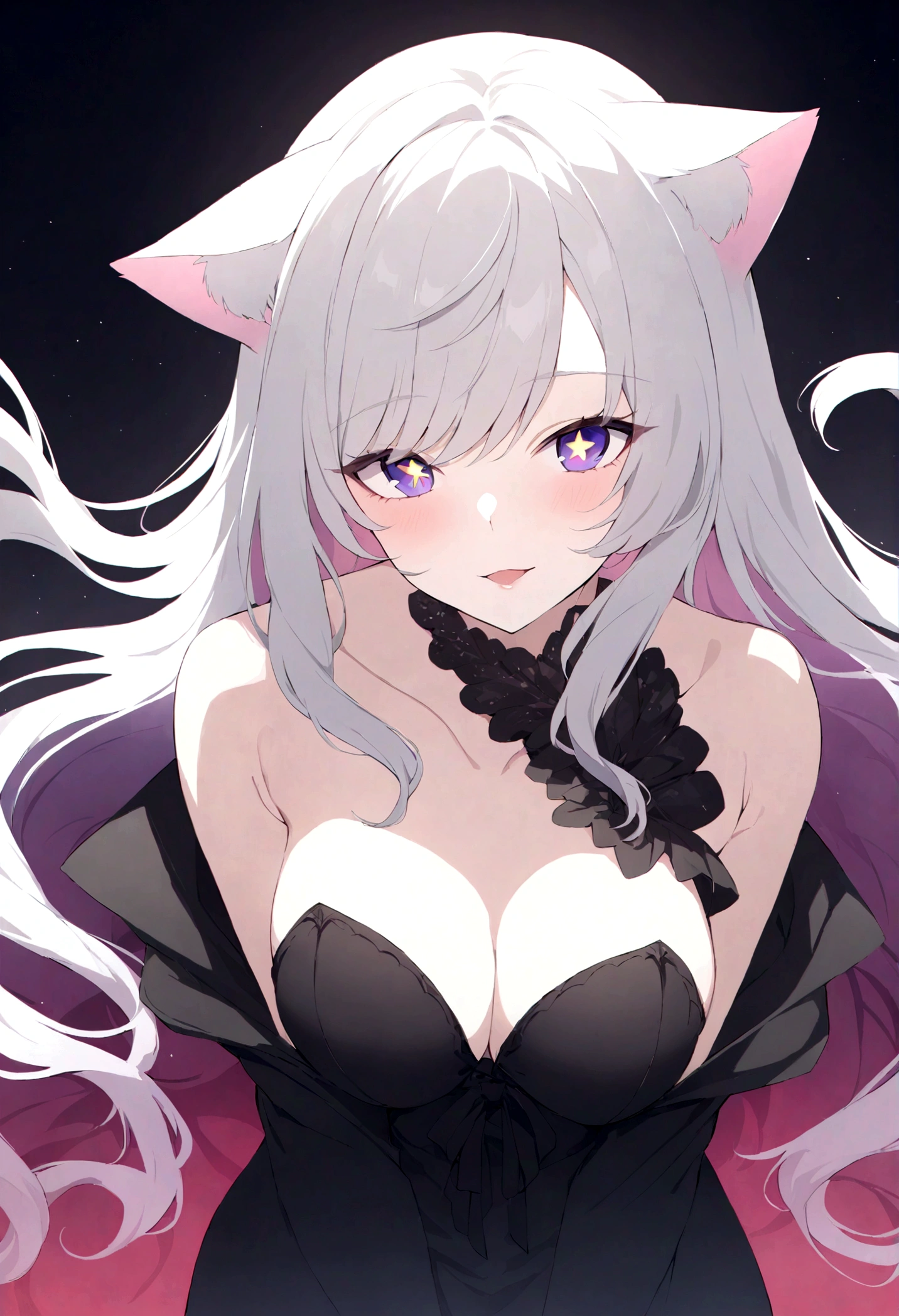 (masterpiece、first-class)、((One Girl、Mature woman with long flowing hair)、(Star-shaped pupils、+_+、Symbol-shaped pupil、Eyes that shine like the night sky)、(Cat ear、An attractive open-mouthed smile)、(Staring straight at the viewer、She bares one shoulder and has a light, seductive smile on her lips.)、(Abstract colorful background、Chromatic aberration creates an otherworldly atmosphere、Mr.々Swirling with colors)、(Captivating portraits and glamour that exude a sense of mystery)。