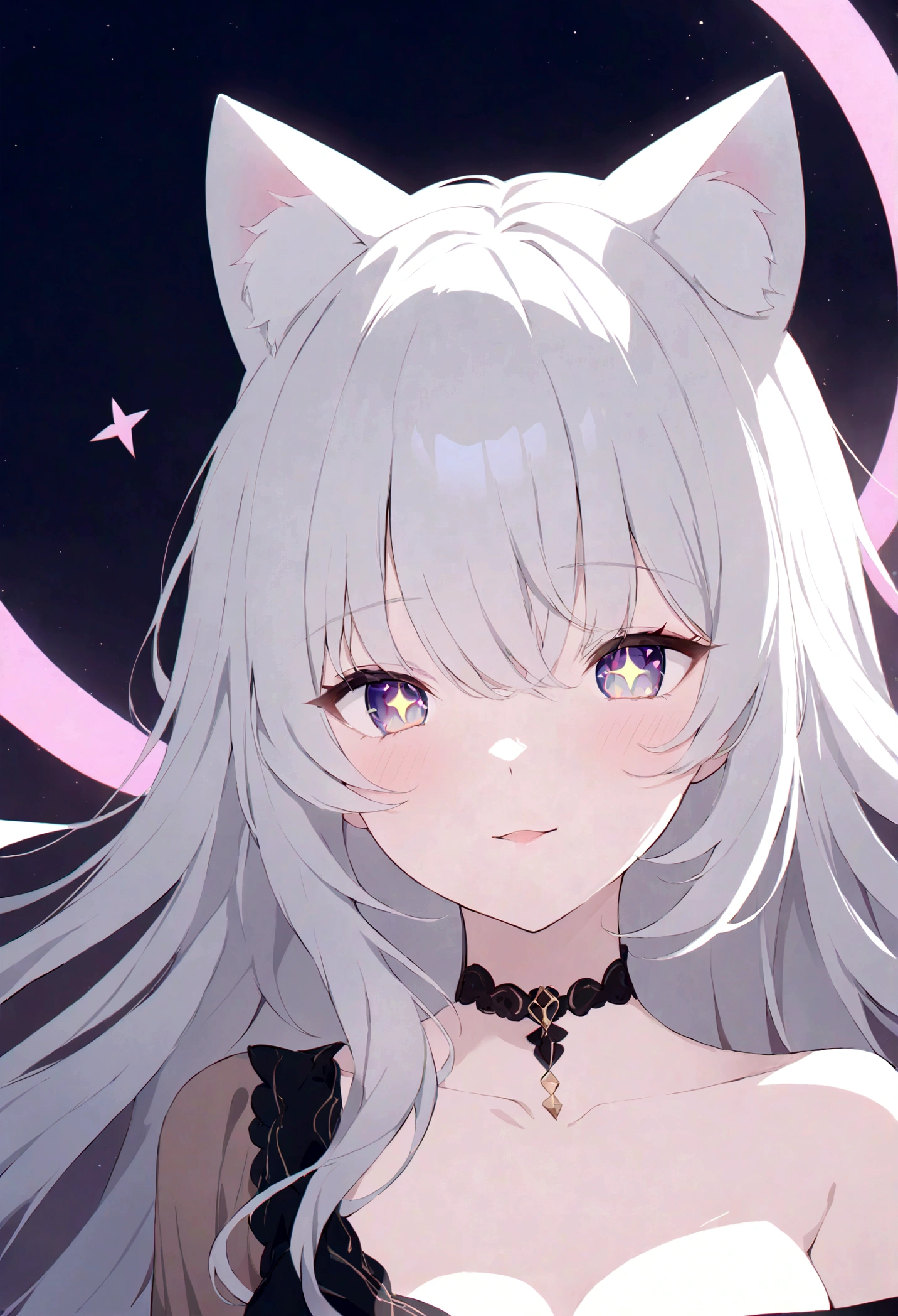 (masterpiece、first-class)、((One Girl、Mature woman with long flowing hair)、(Star-shaped pupils、+_+、Symbol-shaped pupil、Eyes that shine like the night sky)、(Cat ear、An attractive open-mouthed smile)、(Staring straight at the viewer、She bares one shoulder and has a light, seductive smile on her lips.)、(Abstract colorful background、Chromatic aberration creates an otherworldly atmosphere、Mr.々Swirling with colors)、(Captivating portraits and glamour that exude a sense of mystery)。