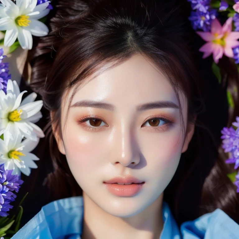 Close-up of a woman, woman, ponytail, long flowing hair., Hair floats up, hair floats up , Long hair wearing a black shirt poses in a field of flowers, beautiful south beautiful asian girl, Thai anime, 3 D, 8k, Shot with a high quality Fuji camera, quality 45.,000,000 pixels, Realistic colored light flowers, Popular Korean cosmetics, Popular Korean makeup, beautiful beautiful face, realistic. Cheng Yi, beautiful south korean women, Jingna Zhang, beautiful korean girl, Cute young Korean face, Sakimi-chan, Korean symmetrical face, Soft portrait 8 k, Korean facial features, Jinyoung Shin