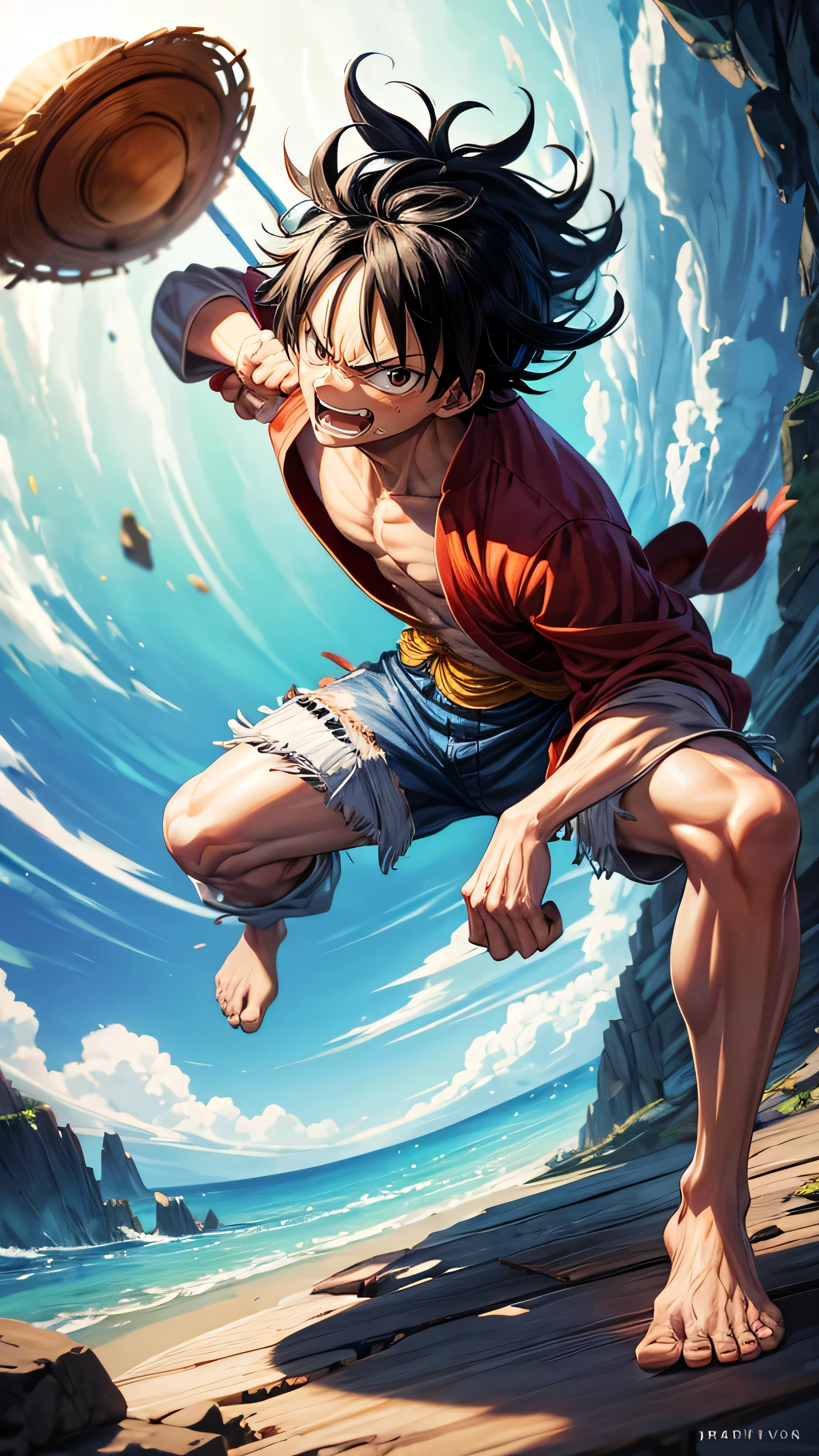 Create Luffy,wearing hat,Full body like,Punching action,without background,黑The eye,Cool expressions,robust,Broken clothes,delicated,photorealestic