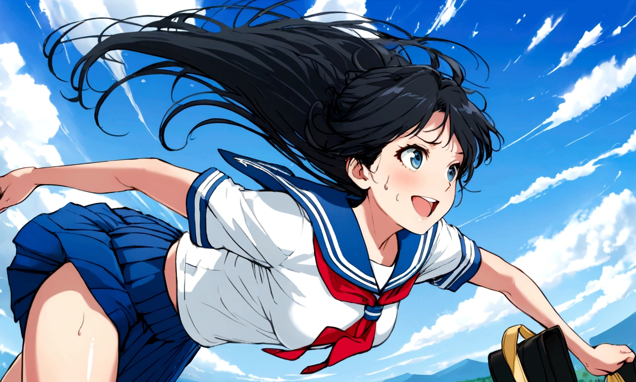 Vast blue sky,Very detailed, delicate and dynamic,A big smile,Super quality, 16k,Student bag,Black Hair,A high school girl runs through the blue sky,白いcloud,running,Sailor suit,uniform,youth,,Blue sky,cloud, Wind-effect, background,Sideways dash,Sweat,Sideways dash,sense of achievement