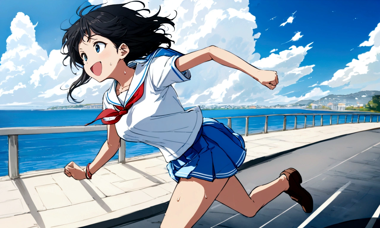Vast blue sky,Very detailed, delicate and dynamic,A big smile,Super quality, 16k,Student bag,Black Hair,A high school girl runs through the blue sky,白いcloud,running,Sailor suit,uniform,youth,,Blue sky,cloud, Wind-effect, background,Sideways dash,Sweat,Sideways dash,sense of achievement
