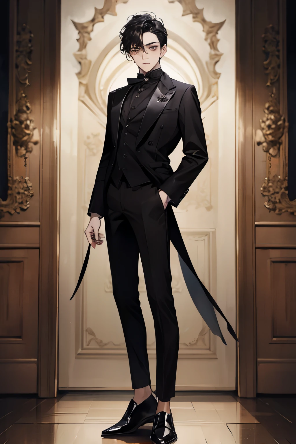 Black hair,Puppet Master,European Clothing,Black pants black leather shoes,juvenile,boy,Standing posture