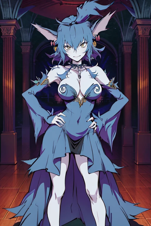 masterpiece, best quality, absurdres, 1girl hwolfie , [ballgown|edgmarquise], edgmarquise, wearing a ballgown, looking at viewer, bare shoulders, breasts, dress, earrings, jewelry, pearl necklace, solo, contrapposto, standing, hand on own hip, angry frown fangs out indoors smile, full body, corsept