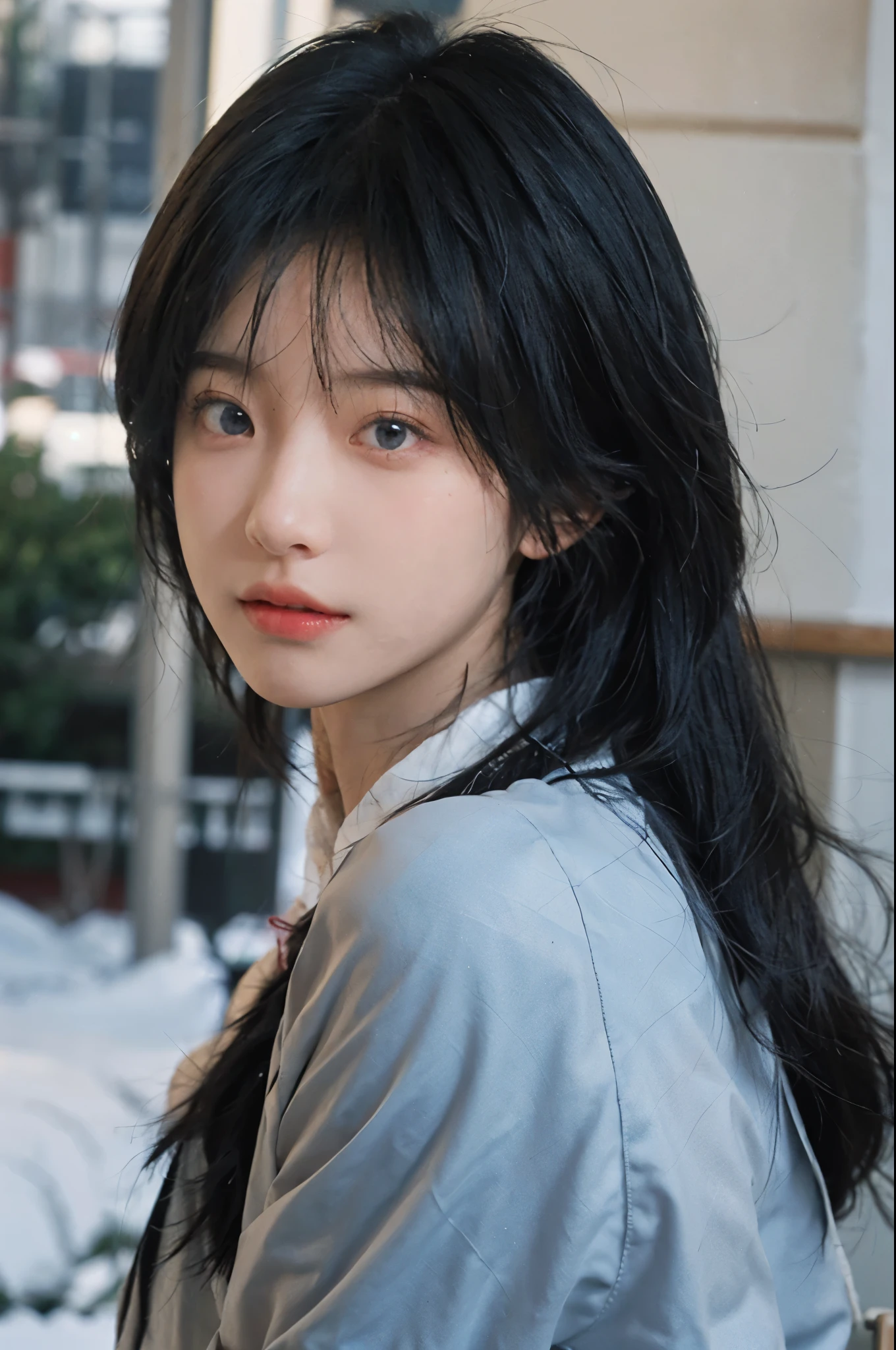 Best quality，Ultra-high resolution，（lifelike：1.4），Cute hairpin，2girll，whole body，Sparkling eyes，Short blue hair，jk，Snow-white skin，Blush，Slim beauty，At school，Ultra-fine face，Exquisite eyes，Double eyelids，