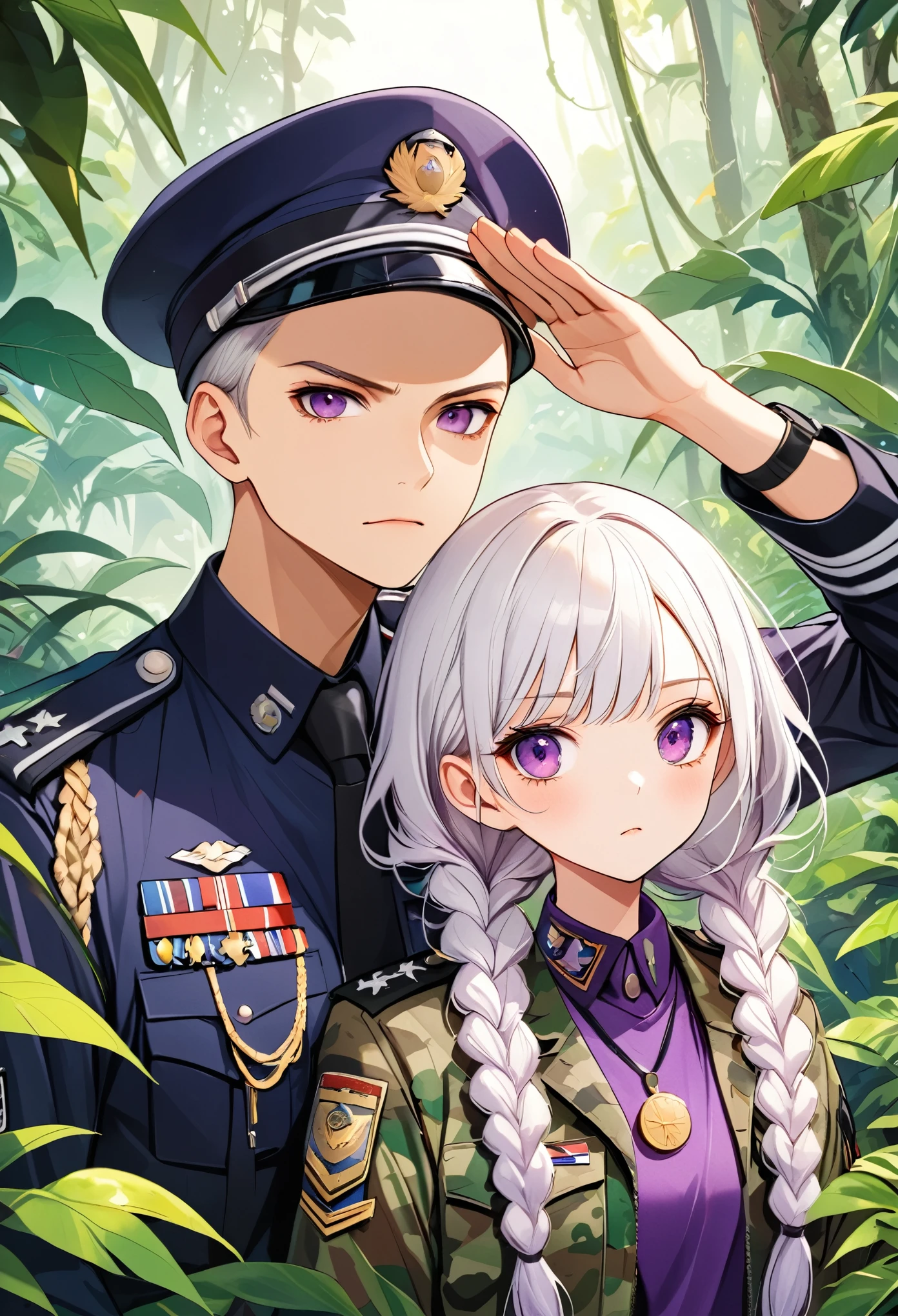 Vector illustration,A cool young couple,serious, officer,Purple Eyes,girl,Purple Eyes,White hair-purple-long braids。 Camouflage,medal,jungle,vegetation,lush,Live SOS,salute,