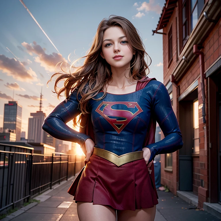 ((best quality)), ((highly detailed)), masterpiece, absurdres, (detailed eyes, deep eyes), (1girl), dutch_angle, upper body, Supergirl, brown hair, long hair, blue eyes, medium breasts, smiling, red skirt, red cape, red boots, blue bodysuit, long sleeves, skindentation, buildings, sky, clouds, sun light, hands behind back