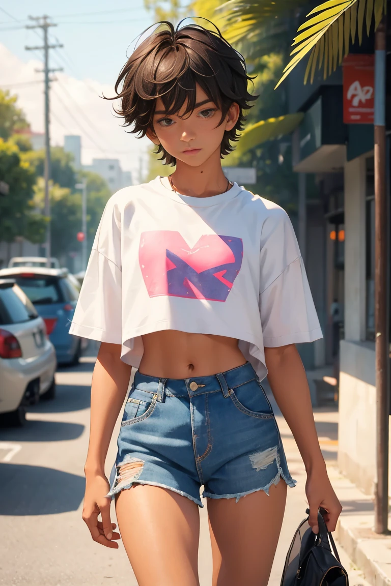 , beautiful teen boy is wearing apped shirt and too very much short mini shorts, the boy's legs are beautiful, tanned, bangs, flirty posing, hot summer, top quality,