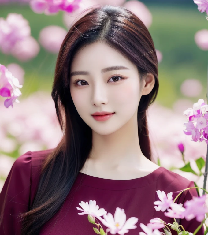 Close-up of a woman, woman, ponytail, long flowing hair., Hair floats up, hair floats up , Long hair wearing a black shirt poses in a field of flowers, beautiful south beautiful asian girl, Thai anime, 3 D, 8k, Shot with a high quality Fuji camera, quality 45.,000,000 pixels, Realistic colored light flowers, Popular Korean cosmetics, Popular Korean makeup, beautiful beautiful face, realistic. Cheng Yi, beautiful south korean women, Jingna Zhang, beautiful korean girl, Cute young Korean face, Sakimi-chan, Korean symmetrical face, Soft portrait 8 k, Korean facial features, Jinyoung Shin