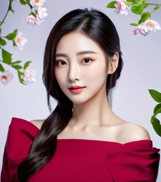 Close-up of a woman, woman, ponytail, long flowing hair., Hair floats up, hair floats up , Long hair wearing a black shirt poses in a field of flowers, beautiful south beautiful asian girl, Thai anime, 3 D, 8k, Shot with a high quality Fuji camera, quality 45.,000,000 pixels, Realistic colored light flowers, Popular Korean cosmetics, Popular Korean makeup, beautiful beautiful face, realistic. Cheng Yi, beautiful south korean women, Jingna Zhang, beautiful korean girl, Cute young Korean face, Sakimi-chan, Korean symmetrical face, Soft portrait 8 k, Korean facial features, Jinyoung Shin