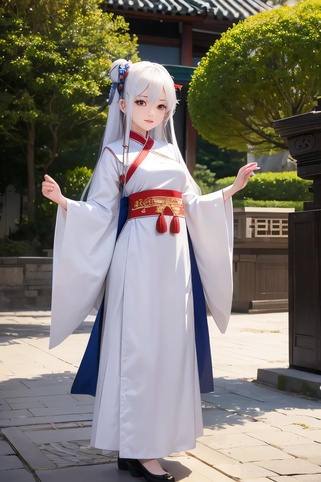 A chinese girl wear white hanfu and white blindfolds with donghua art style