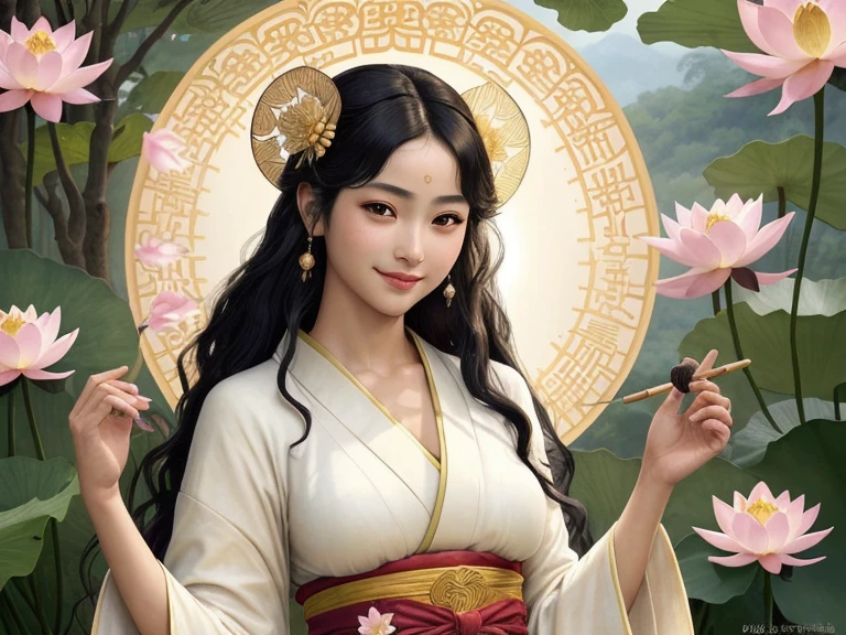 Extremely detailed and vivid watercolor paintings,Exquisite and vivid watercolor paintings,Close ~ eyes, Close your eyelids,背が低いwoman,The goddess,young,擬人化されたwoman,かわいいwoman, womanの姿, Detailed cover art, 音楽のgoddessのように, The style of Alfons Maria Mucha and Gustave Kilmut, Art Nouveau accents, Alphonse Mucha, Gustavo Klimt, White skin, Marble sculpture, CGSesociedade, Gothic art, New Art, Behance Contest Winner,Lotus flowerの髪飾り,Tied up black hair,smile,にっこりとsmile,geisha,Auspicious day,Benzaiten,Benten,happy,Lotus flower,大きなLotus flower,Pool,lake,豊穣のgoddess,Voluptuous body,Dark Eyes,Big Eyes,Abundantia,wealthy,Gorgeous Kimono,Twelve-layered kimono,yukata,Feather coat,Lakshmi,Japanese traditional clothing,Sophisticated clothing,Red kimono,Gold border,smile,kind,Calm,happiness,Divine Light,Earth,Lotus flower畑,Divine,heaven,Transparency,happiness,smile,smile,Happy,White skin,Lip gloss,Realistic, 35mm, Intricate details, High resolution, Intricate details, Super detailed, Natural skin texture, Hyperrealism, sharp, 1woman (goddess:0.7) ,woman,pastel colour,Portraiture, look up,alone, Half Shot,Detailed Background,Hair swaying in the wind,黒い髪のgoddess,Black Hair,Japanese,Shine,Light background,noon,sun,Pop Art, (Style - Swirl Magic:0.8), Suspended particles,Dancing Light,Thin eyebrows,Thin eyebrows,Wavy Hair,瞳がShine,Childish,kind視線,like,kind光,Short sleeve,Looking up,Soft clothes,慈like,mercy,affection,healing,Short sleeve,Thin and light-colored eyebrows,Oriental Beauty,巨大なLotus flower