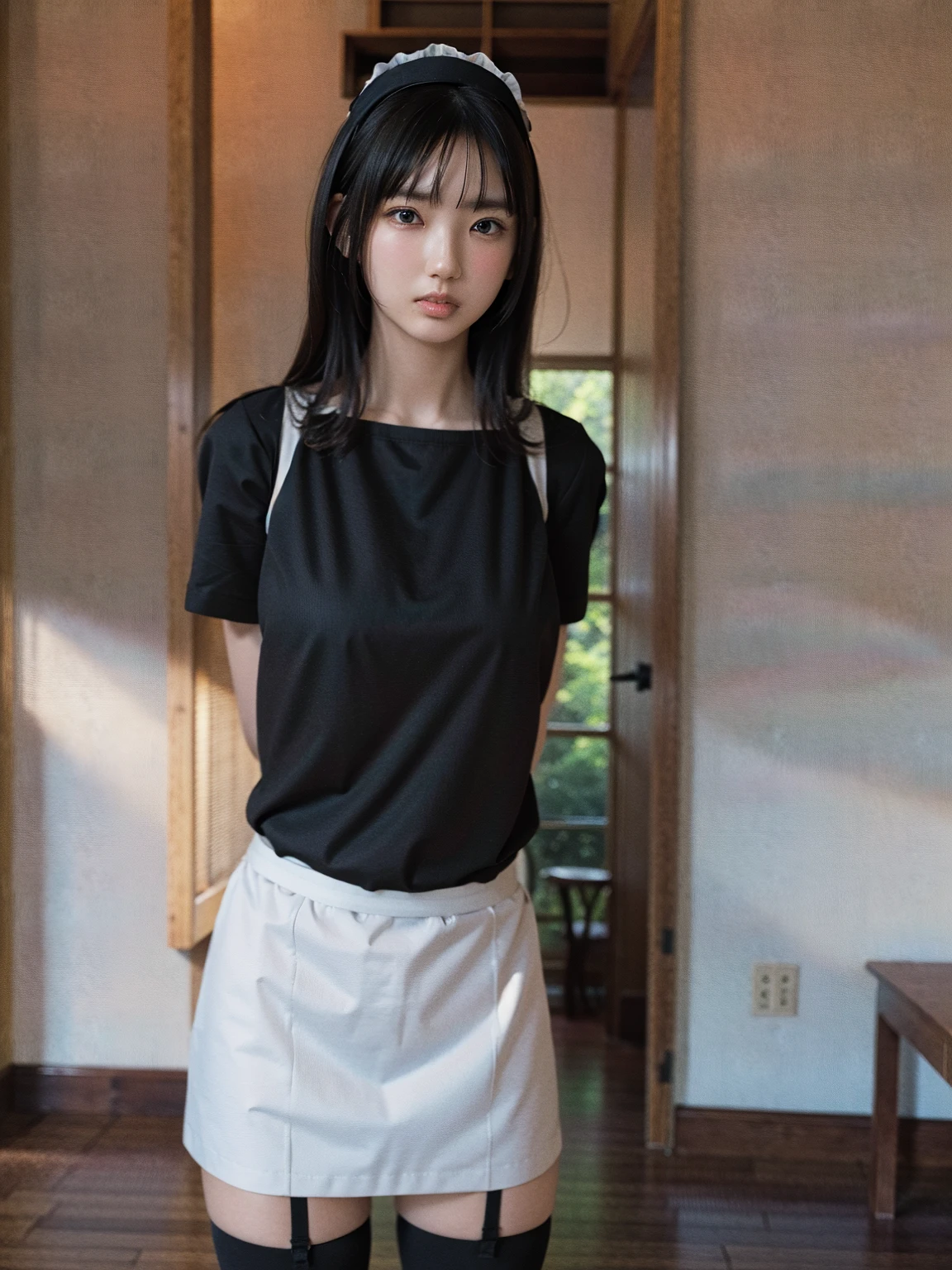 (41k4:1.1), (aika-sawaguchi:0.6), masterpiece, Best Quality, 8K, Raw photo, (wearing maid uniform:1.6), top-notch quality, masterpiece, (arms behind back:1.3), solo, (1 pretty Japanese girl), (wearing black stockings), exceptionally detailed RAW color photo, professional-grade photograph, (Realistic, Photorealistic:1.37), (highly detailed skin:1.2), Ultra-high resolution, (lens 50mm), (masterpiece, top-quality:1.3), (hyper realistic:1.35), (Photorealistic:1.45), (Realistic:1.4), (looking at viewer:1.4), (facing viewer:1.4), 1 beautiful girl, 18 years old, Japanese idol, supermodel, pale skin, (slim:1.3), (slim body:1.25), (slender body:1.25), (narrow waist:1.25), pretty face, (large breasts:1.15), (deep cleavage), gravure idol