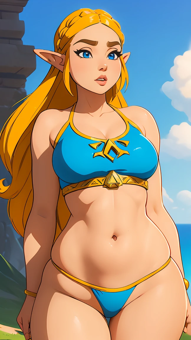 ((obra maestra)), ((mejor calidad)), (detallado), perfecto, solo, zelda, hermosa mujer con bikini, labios deliciosos, pelo largo, pecho enorme, escote profundo, pecho enormes, sexy,