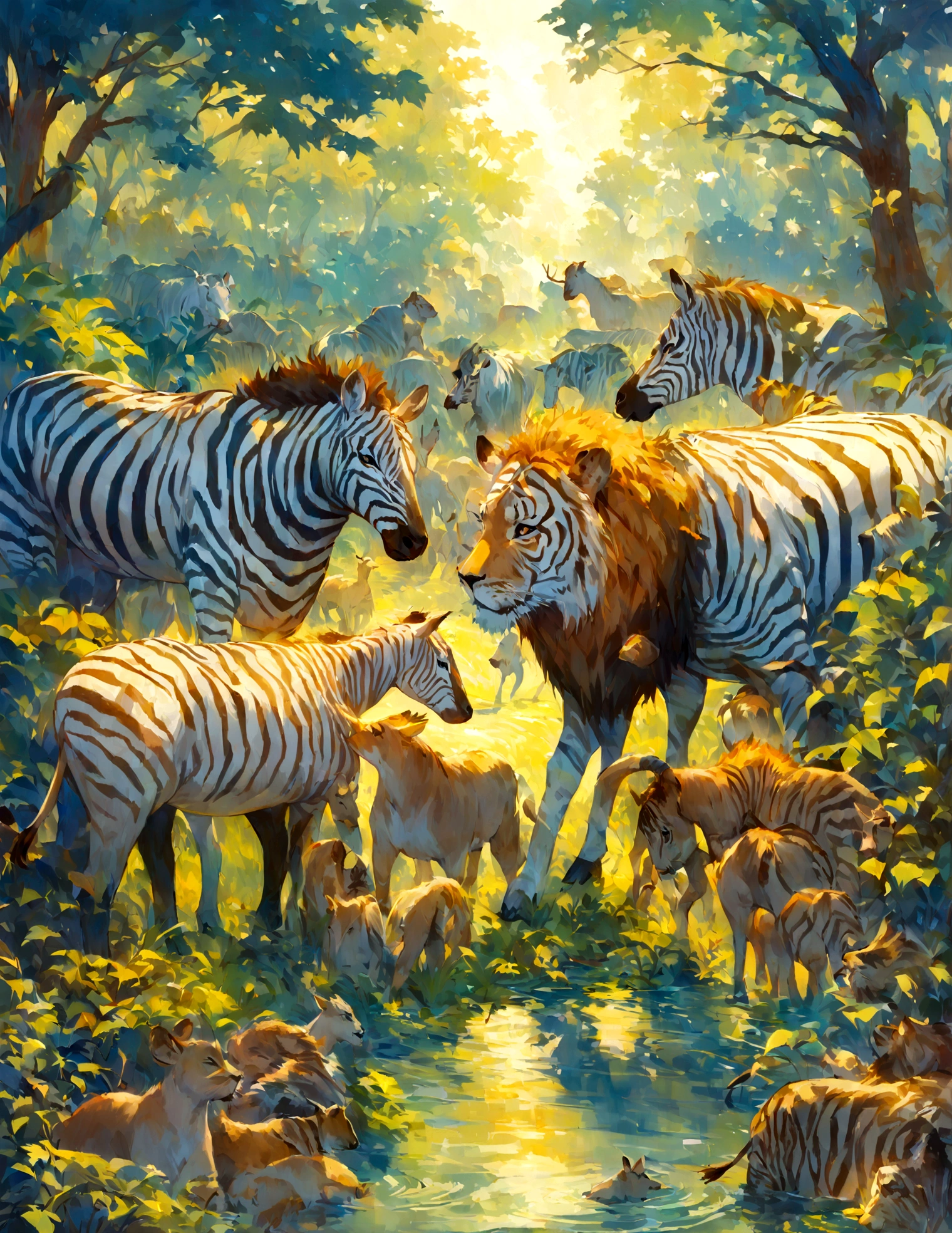 Award-winning art illustrating a lively watering hole scene with various animals such as zebras, lions, and antelopes. Employ Fauvist techniques with vivid blues, greens, and yellows to portray the water, foliage, and animals. The vigorous brushwork should convey the energy and movement of the animals as they interact in their natural habitat.