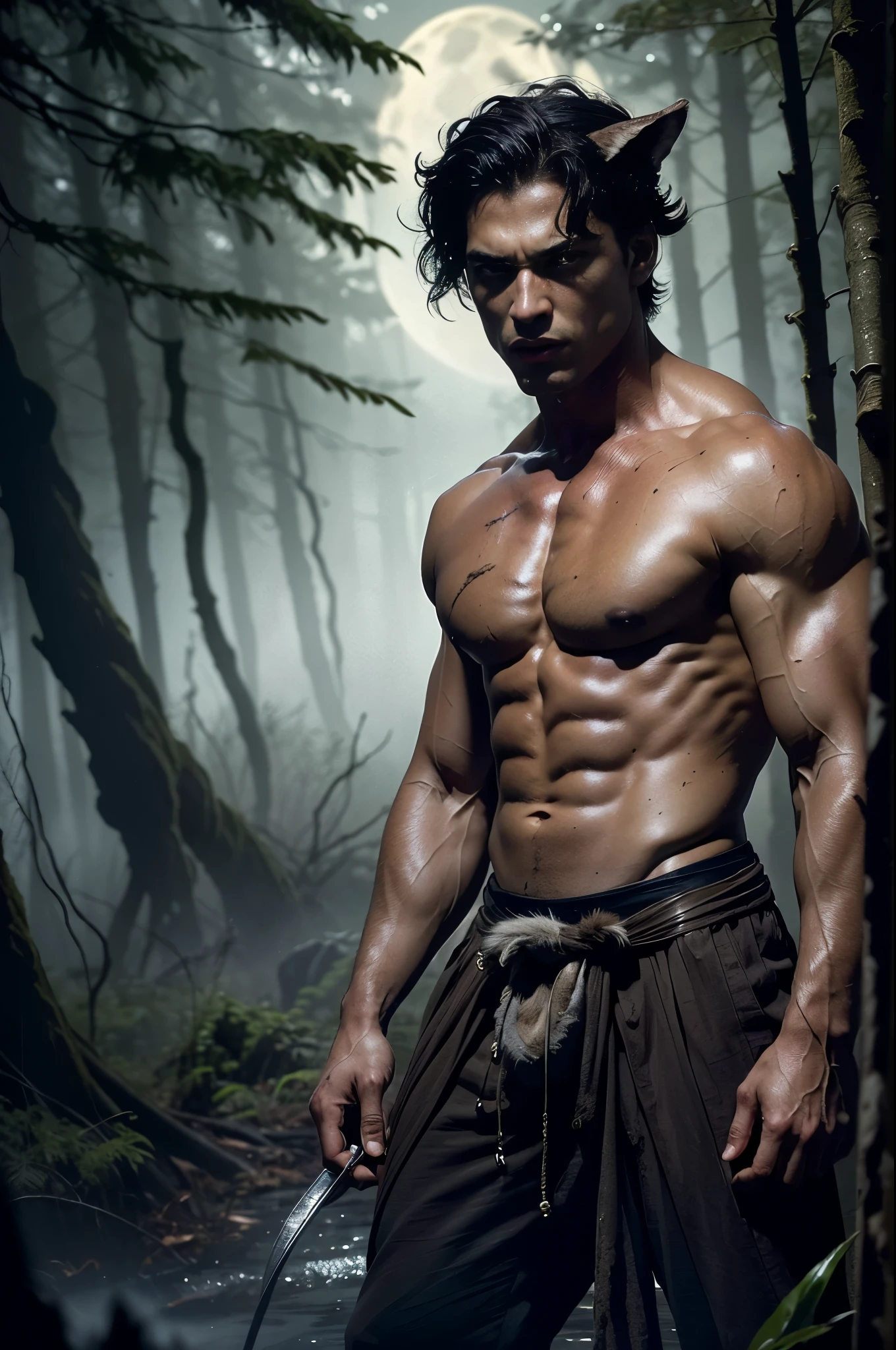 Photo-realistic, ((best quality)), ((masterpiece)), (detailed), perfect human face, short hair, handsome young male model, 18-year-old, super male model, handsome, tall, cute, evil looking, dark look powerful, young male model, handsome, super strong, muscular, fit, massive muscles, six pack, clean shave, blue eyes, pale skin, (white pale skin:1.2), wavy messy silver hair, short messy hair, messy wavy hair, (werewolf ears:1.3), (wolf tail:1.6), werewolf claw, shirtless, bare-chested, muscle, ripped, strong body, fit body, teared dirty linen small skirt, (teared dirty linen raped small short loincloth:1.2), fog, valley fog, (haunted forest:1.4), horror forest, evil forest background, dark forest, 8k, high detailed, ultra-detailed, Stylish Pose, real skin texture, dramatic cinematic lighting, (HORROR:1.5), night, night time, dark, full moon