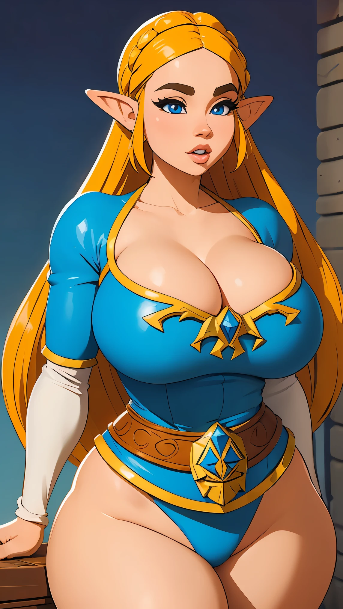 ((masterpiece)), ((best quality)), (detailed), perfect, solo, zelda, gorgeous woman, luscious lips, long hair, huge breast, deep cleavage, huge breasts, sexy, Zelda like a busty pornstar