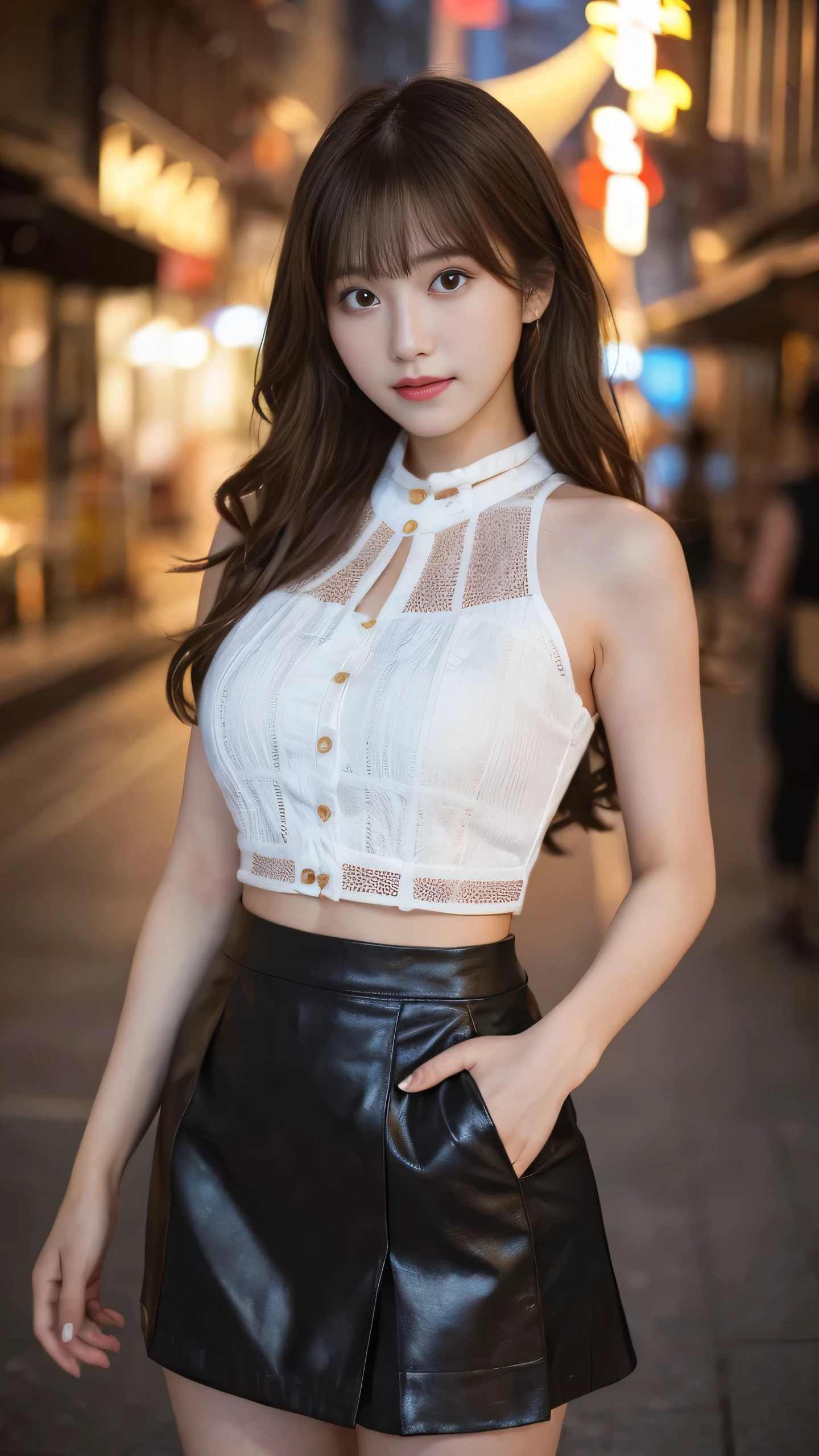 (highest quality,In 8K,masterpiece:1.3),(超A high resolution,Photorealistic:1.4,RAW shooting),(Ultra-detailed,Caustics,Perfect Anatomy),(Ultra-detailed background,Ultra-Realistic Capture,Beautiful and detailed eyes),(Black tight skirt:1.1),(Tight gingham check shirt:1.1),stand,Japanese,20-year-old,cute,Brown wavy hair,Gal,Staring at this,Confused expression, night,Dynamic Lighting,Photographed from the front,Poses that accentuate the chest,I can see your thighs,Delicate shoulders