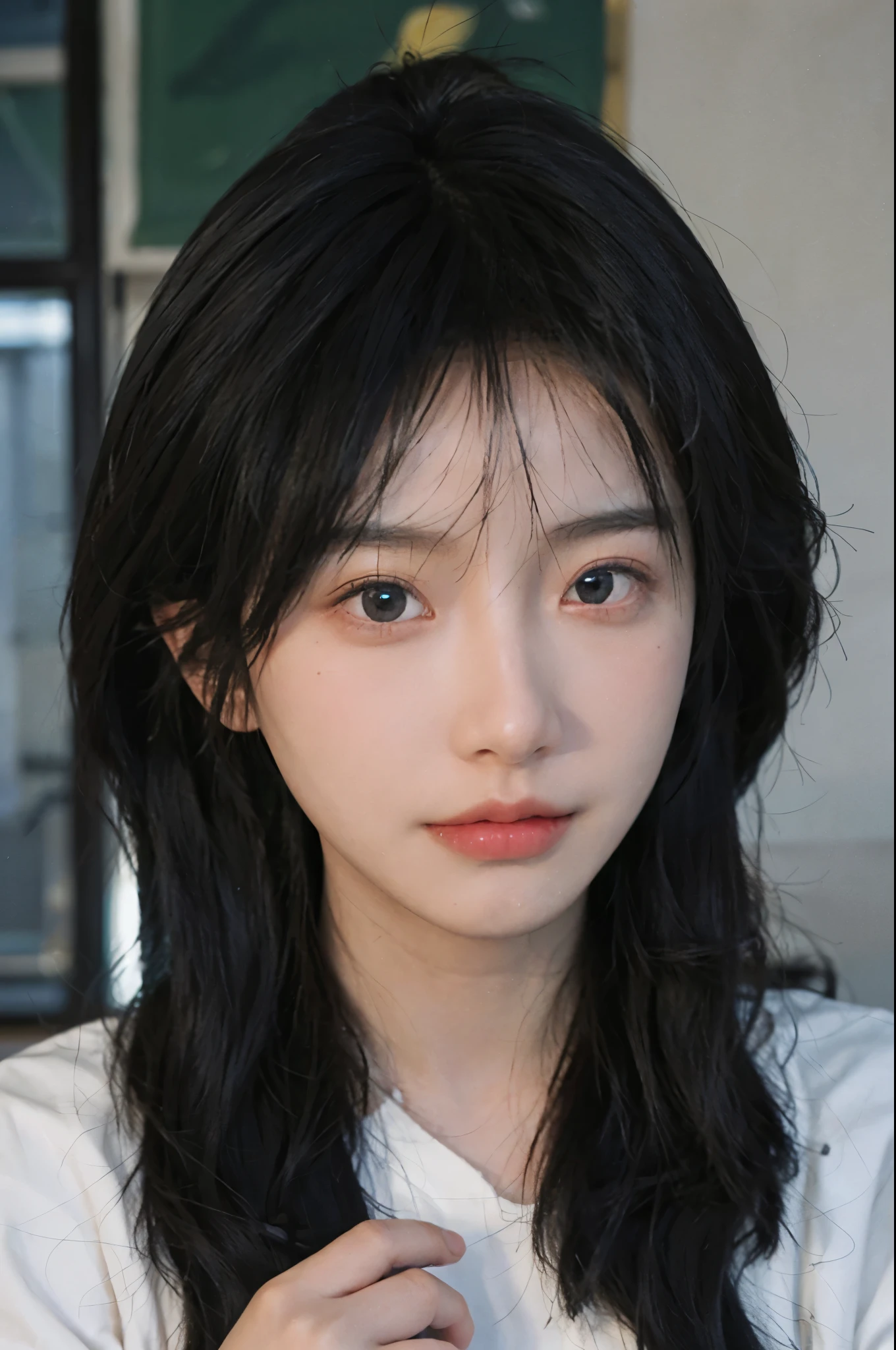 Best quality，Ultra-high resolution，（lifelike：1.4），Cute hairpin，2girll，whole body，Sparkling eyes，Short blue hair，jk，Snow-white skin，Blush，Slim beauty，At school，Ultra-fine face，Exquisite eyes，Double eyelids，