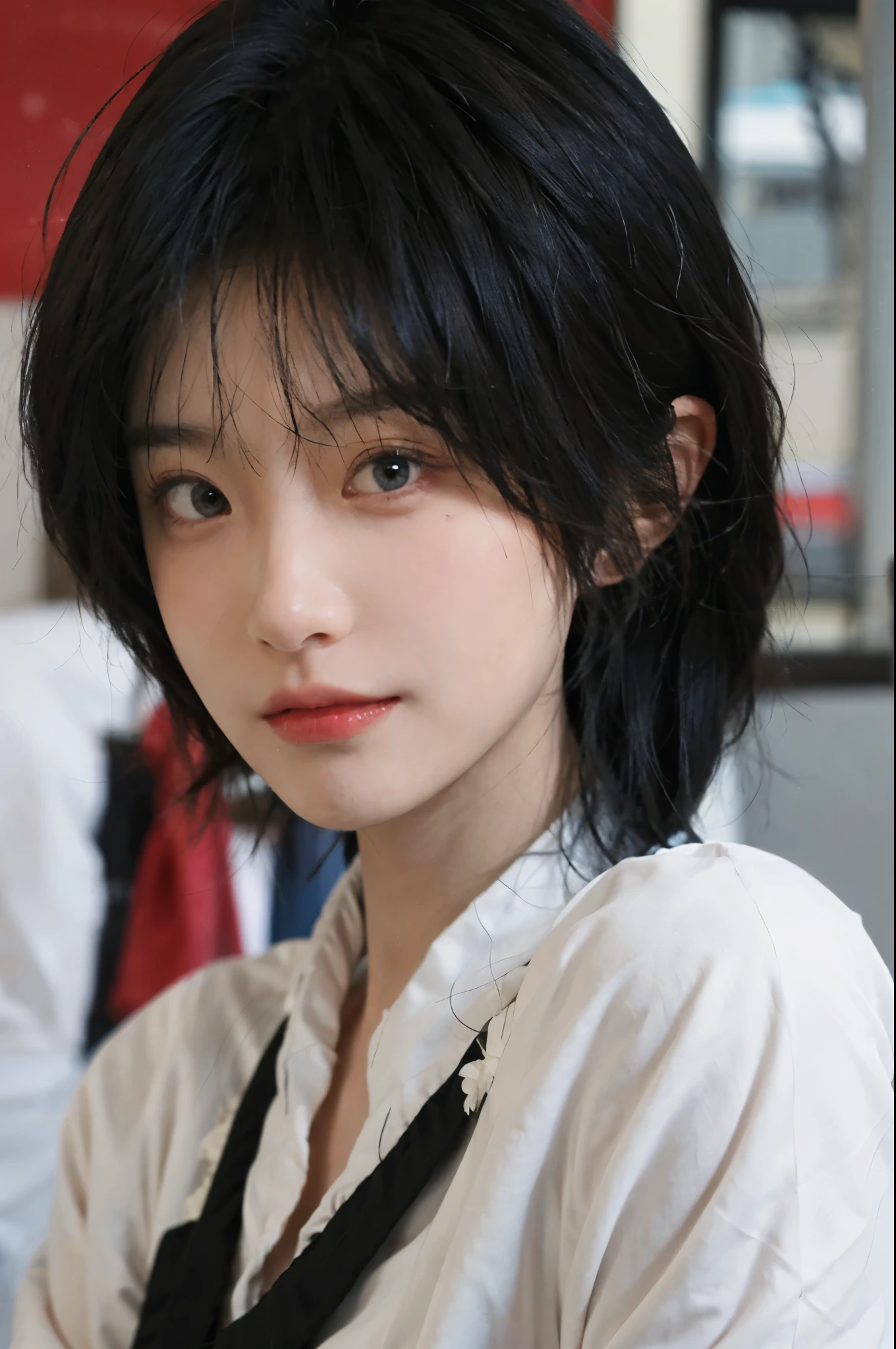 Best quality，Ultra-high resolution，（lifelike：1.4），Cute hairpin，2girll，whole body，Sparkling eyes，Short blue hair，jk，Snow-white skin，Blush，Slim beauty，At school，Ultra-fine face，Exquisite eyes，Double eyelids，