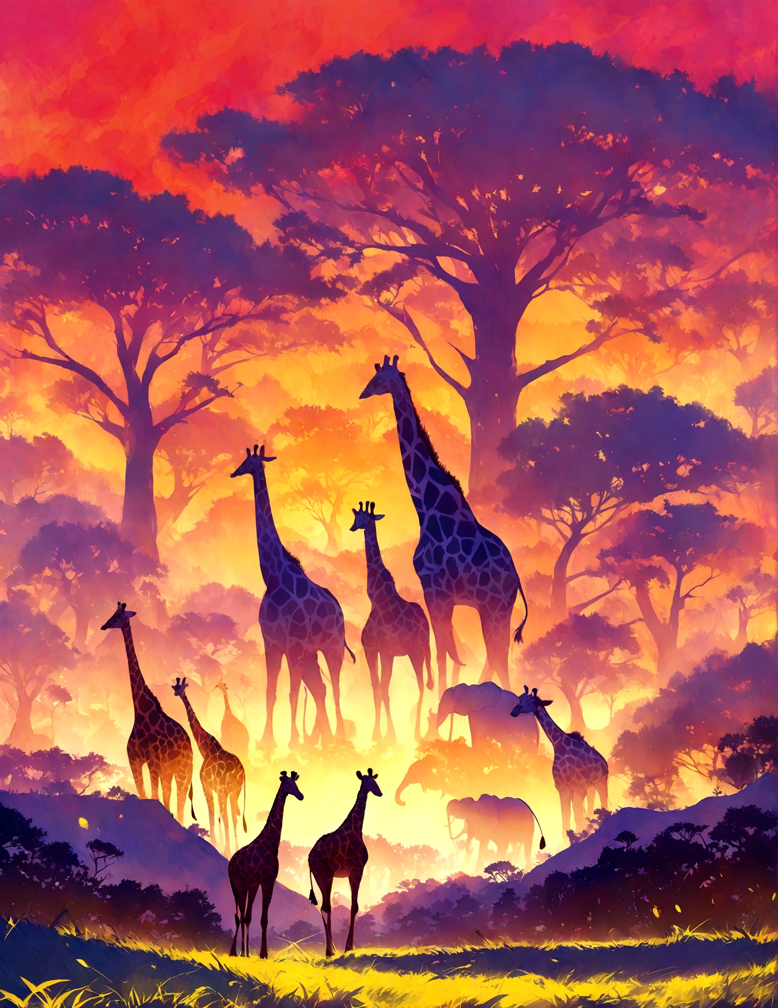 Award-winning art depicting a wild safari landscape at sunrise. Use bold, Fauvist colors such as intense oranges, reds, and purples to paint the sky, with vigorous brushwork creating dynamic textures in the grasslands and acacia trees. Capture the silhouettes of animals like giraffes and elephants bathed in the vibrant morning light.