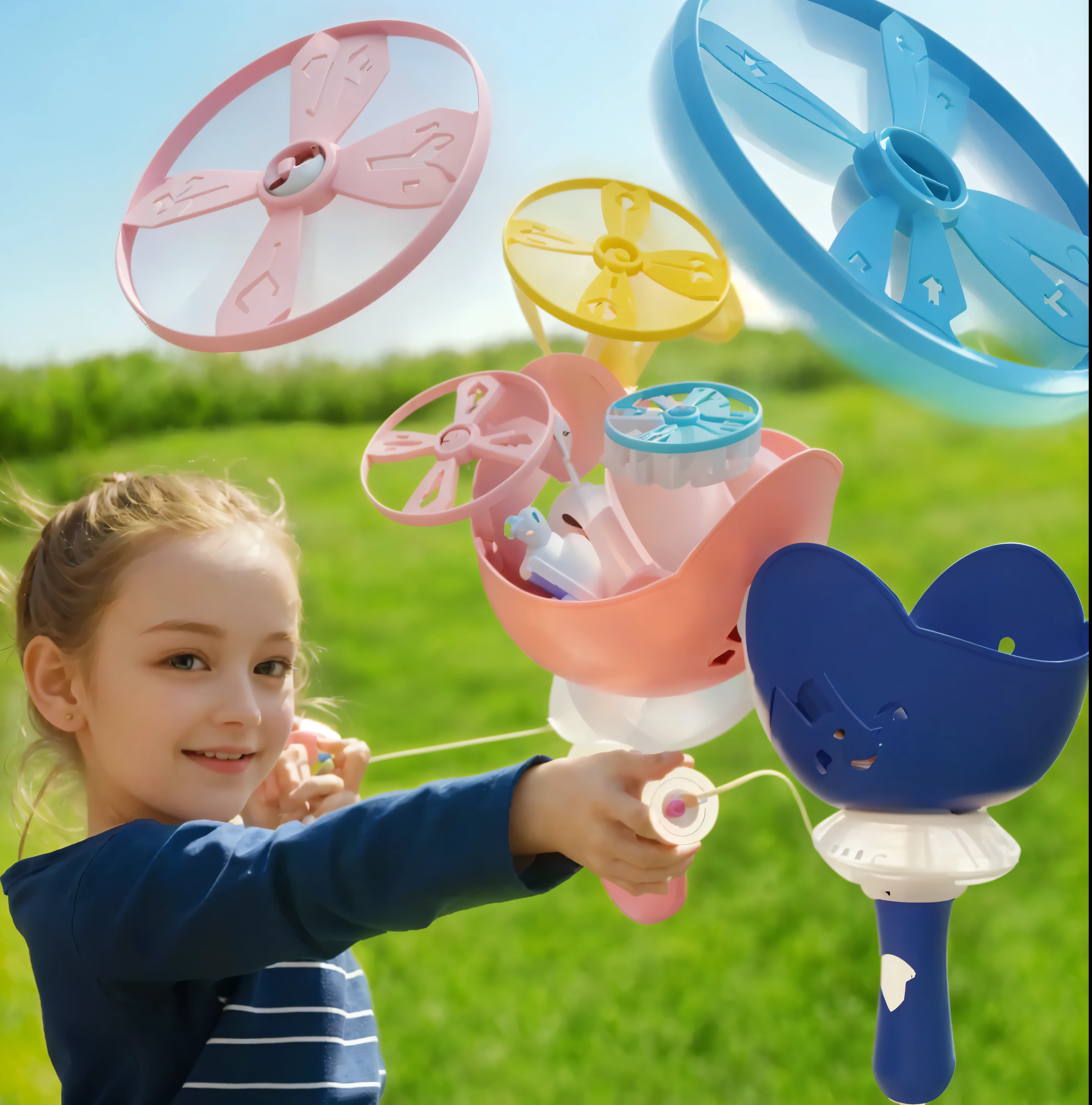 There is a girl holding a toy,commercial photo of toys, fan hals, Photographed from top down, sunny morning light,kids toys, whirlwind, Fantastic, Toy Design,