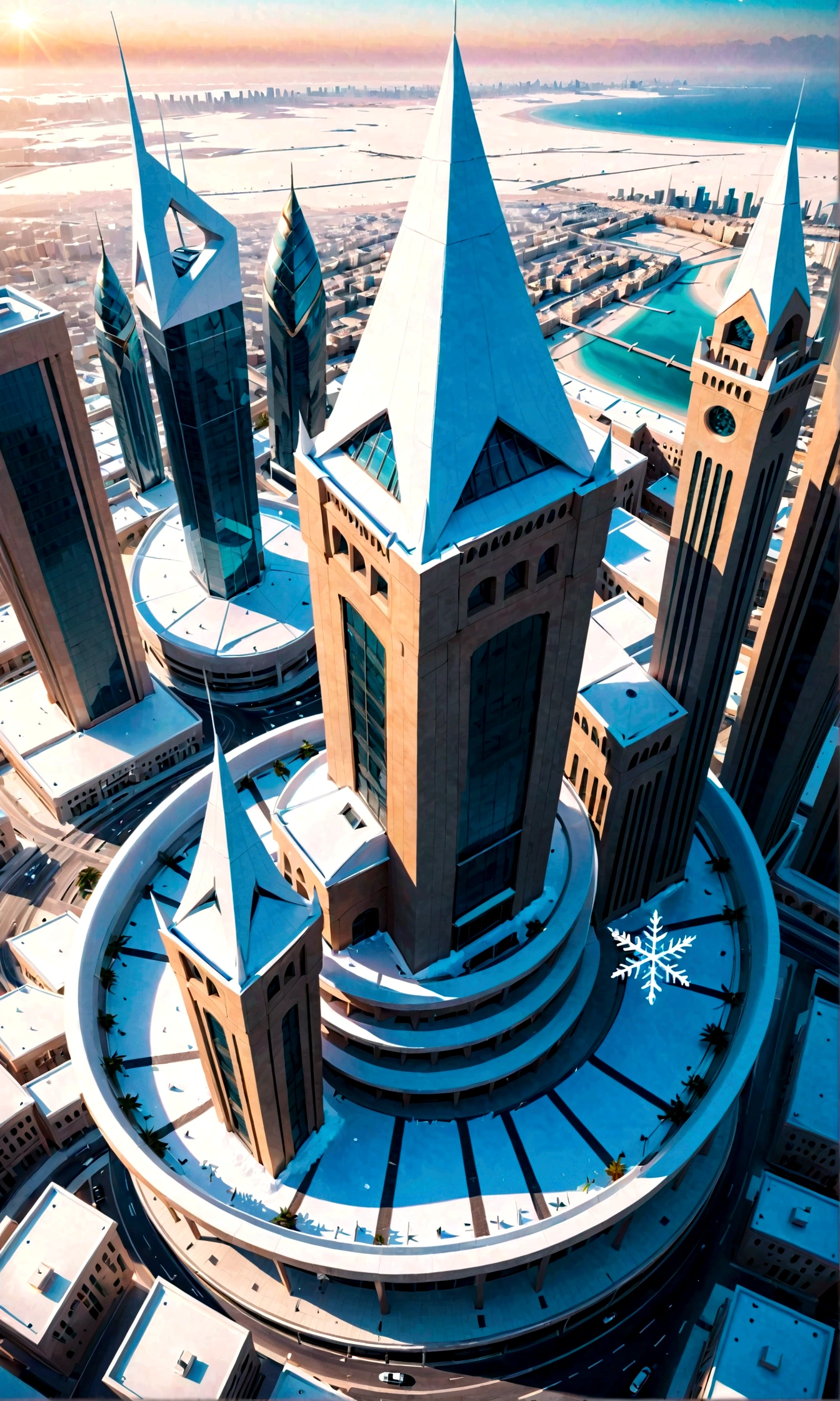 Future Cities in the Kingdom of Bahrain, Manama, There are snowflakes in winter, Bright colors, white and blue, cold, 4k, Practical,Beautiful and stunning artwork,Overlooking，Bird&#39;s eye view