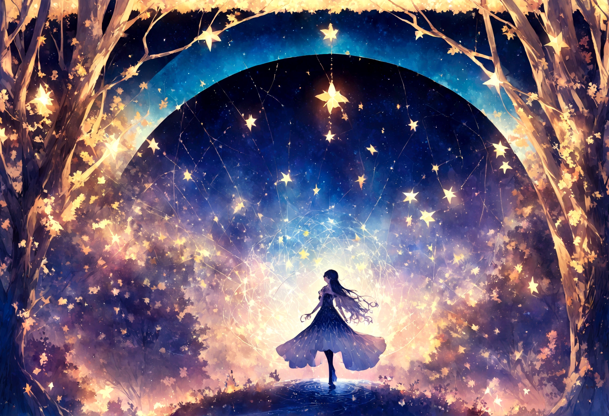 Imagine a vast night sky filled with twinkling stars., Where the constellations form mysterious and intriguing patterns. Under, Ancient Tree々Enchanted forest with tangled roots, Where fairies dance in magic circles. Sparks of light and mystical energy flowing through the air, Connecting Everything in the Magical Realm of Synchronicity. This is the mysterious universe we live in..