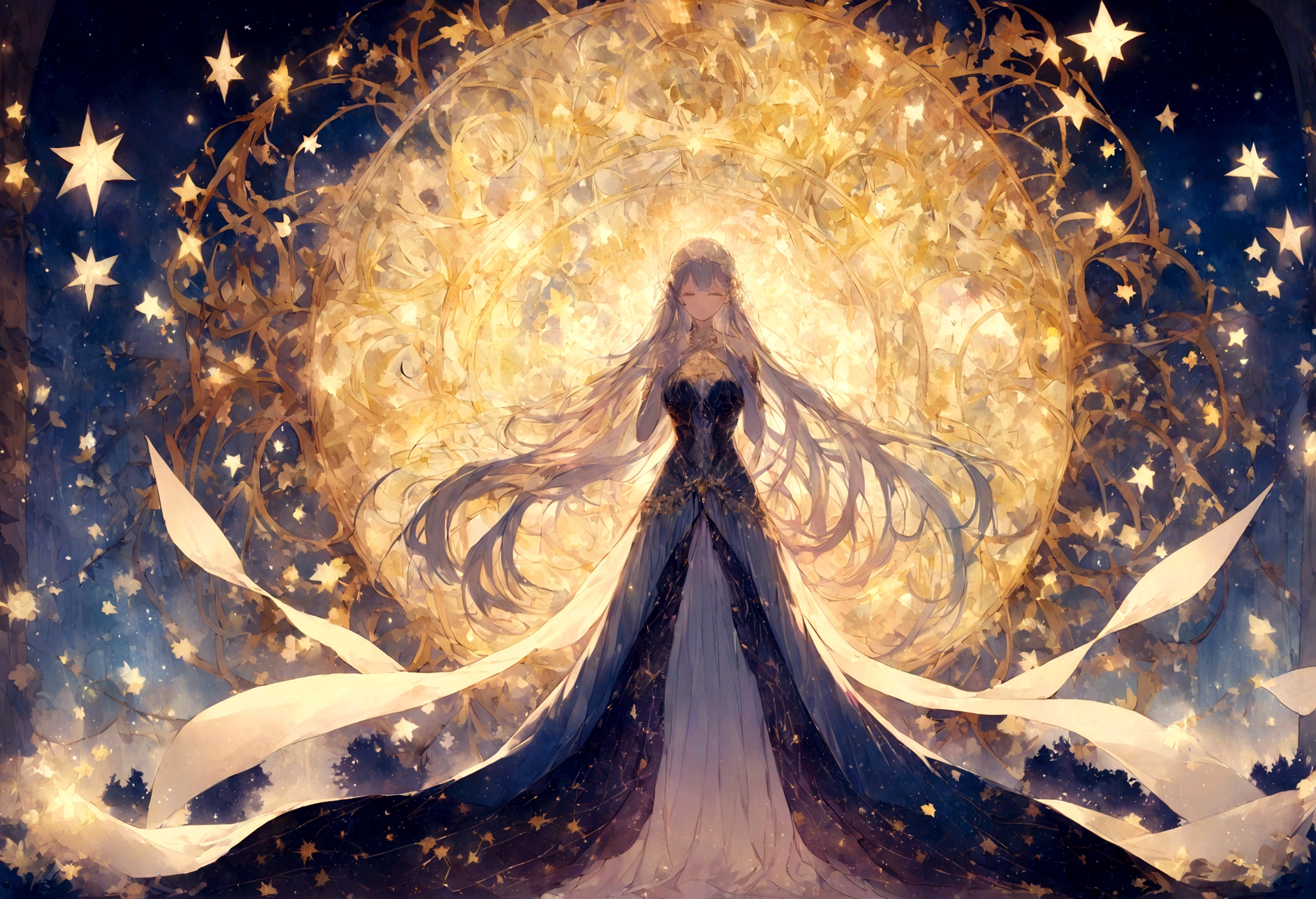Imagine a vast night sky filled with twinkling stars., Where the constellations form mysterious and intriguing patterns. Under, Ancient Tree々Enchanted forest with tangled roots, Where fairies dance in magic circles. Sparks of light and mystical energy flowing through the air, Connecting Everything in the Magical Realm of Synchronicity. This is the mysterious universe we live in..