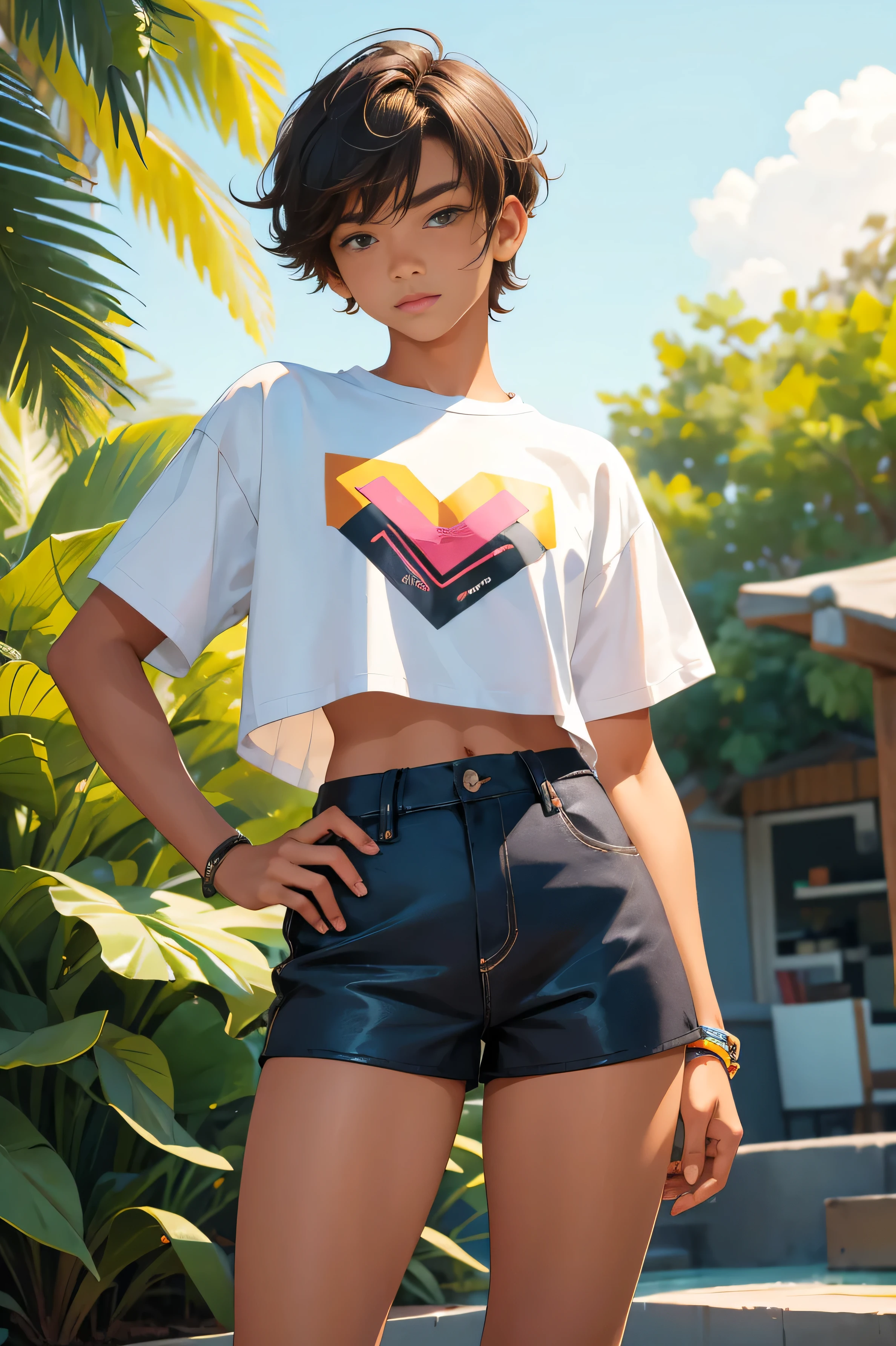 Teen boy 16 years old, beautiful teen boy is wearing a cropped shirt and too very much short mini shorts, the boy's legs are beautiful, tanned, bangs, flirty posing, hot summer, top quality,