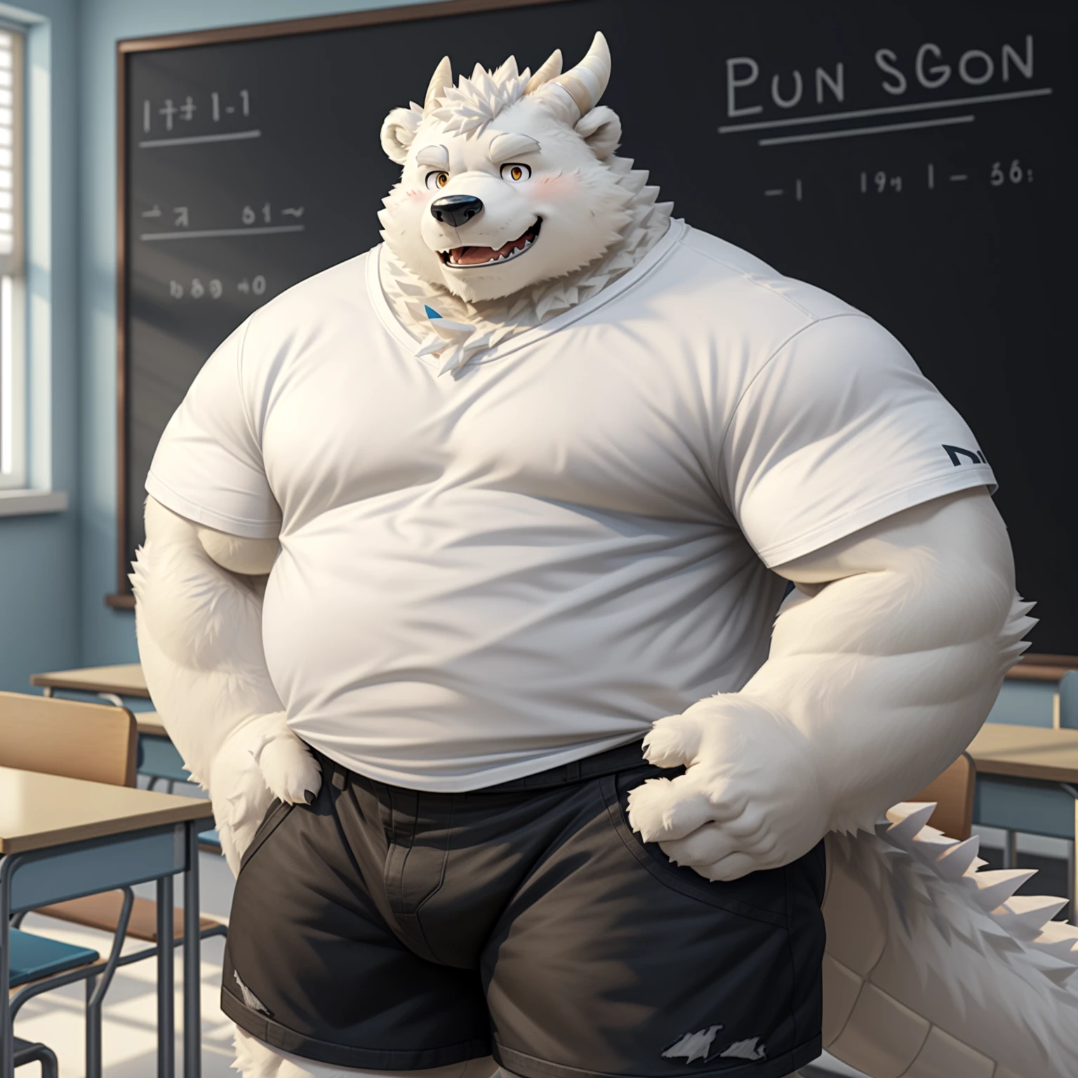 New Jersey 5 Furry,((white dragon bear)),((white fur:1.5)),(((big yellow dragon_horns))),dragon tail,(yohake),Solitary,Chubby,Fat,Thick arms,Rugged muscles,classroom,((white Plush fur)),Chubby Face,Black eyebrows,orange eyes,((white t-shirt)),((shorts)),((hip bulge)),((calmness)),