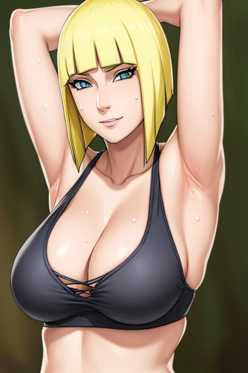 Perfect, masterpiece, (best quality, highres:1.2), 1girl, beautiful detailed eyes, beautiful detailed lips, extremely detailed eyes and face, long eyelashes, medium:oil painting, vivid colors, HDR, studio lighting, ultra-fine painting, sharp focus, physically-based rendering, extreme detail description, portraits, ((organized fingers)), curvy body, large breasts, perfect shape, facing viewer, sweaty, gorgeous, ((arms up)), sleeveless, straddling, smile, blonder hair, blue eyes, cleavage, armpits visible, sweaty armpits, middle forest, no bra, braless