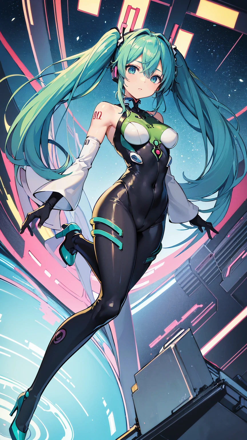 ((((masterpiece, high quality, very_high_resolution, anime colored, Elaborate design, visual art, high quality)))), 1girl, ((((hatunemiku VOCALOID twintails)))), turquoise hair, huge breasts, (((NEON GENESIS EVANGELION plugsuit))), 1girl, Interface Headsets, ((color of clothes: white blue-green))), in room, beautiful art, puragusu-tu, plug suit, high heels